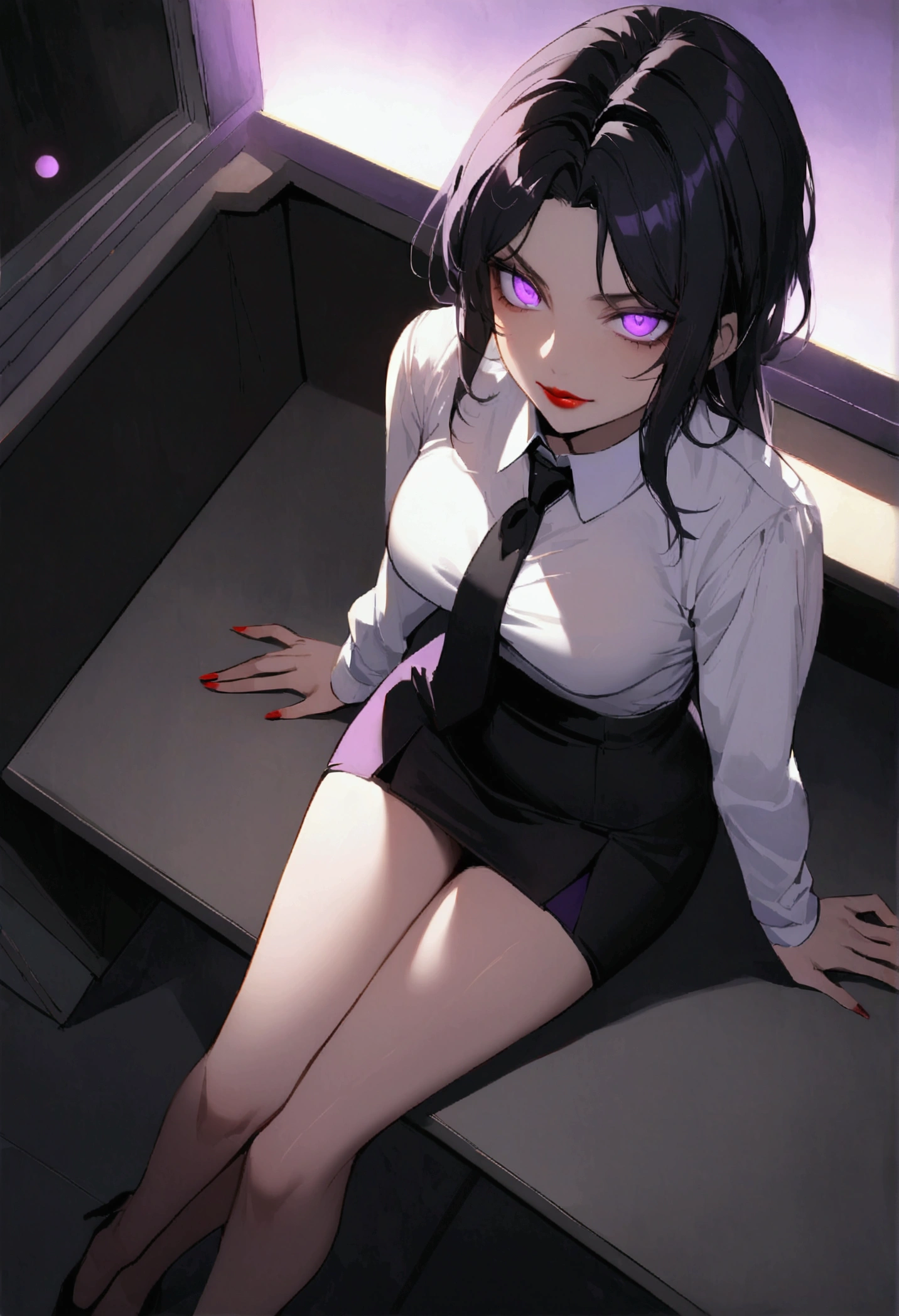 juri han, work of art, tight white secretary shirt with black tie, black high waist skirt, short skirt,stocking, black hair, black tightscary sun,office,bangs on the eyes,Lighting, hair with purple details,view from above,staring overhead,evil smile,sitting,cross legs,glowing purple eyes,red lips,The eyes
