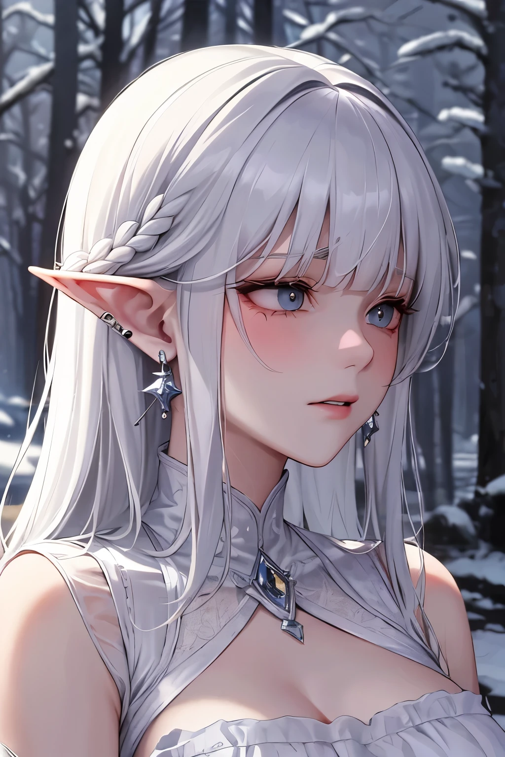 In an 8K masterpiece, showcasing the pinnacle of quality, a mature, enchanting anime woman emerges from a snow-laden forest. Clad in white elf clothes, her long, cascading hair, adorned with parted bangs and fanged bangs, shimmers against the pristine snowy backdrop. Her delicate face, accentuated by grey eyes with white pupils, exudes a mature allure, accompanied by silver earrings delicately piercing her ears. The sadness in her eyes is palpable, as a tear trickles down her cheek, adding to the gloomy atmosphere. Her mature face is marked by a thin, sensual