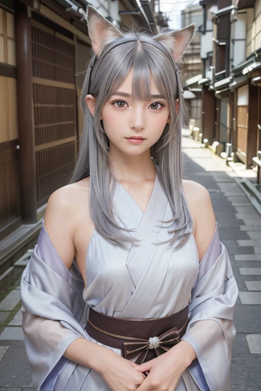 ((Silver Hair))、Small fox ears、one girl, (a beauty girl, delicate girl:1.3), (12 years old, change:1.3), break,((Shrine maiden costume)),(Brown fox ears) break, Definition of Very Fine Particles, (Symmetrical eyes:1.3), break, (alley, Kyoto:1.3), perfectly trimmed fingers, break, Small breasts, Brown eyes, Parted bangs, Brown Hair, girl, break, (Eye and facial details:1.0), break, (masterpiece, Highest quality, Very detailed, Detailed face, 8k)