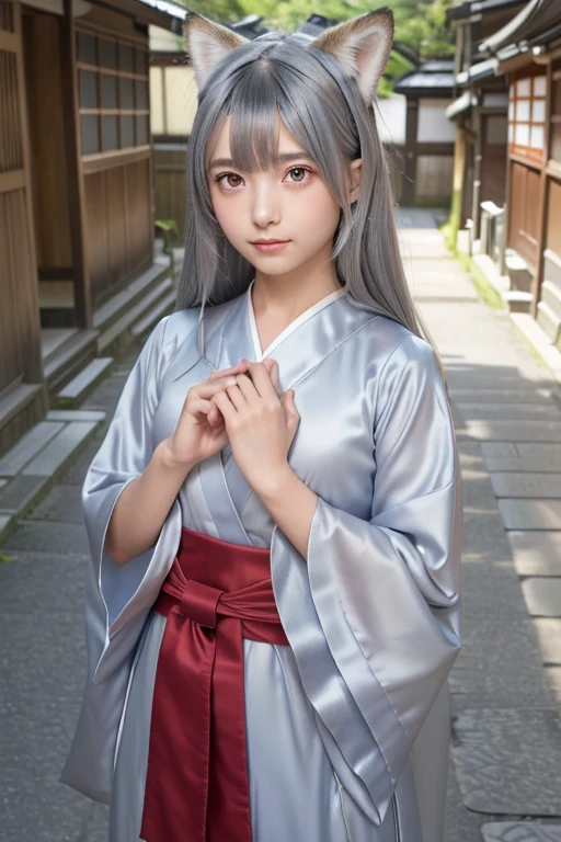 ((Silver Hair))、Small fox ears、one girl, (a beauty girl, delicate girl:1.3), (, change:1.3), break,((Shrine maiden costume)),(Brown fox ears) break, Definition of Very Fine Particles, (Symmetrical eyes:1.3), break, (alley, Kyoto:1.3), perfectly trimmed fingers, break, Small breasts, Brown eyes, Parted bangs, Brown Hair, girl, break, (Eye and facial details:1.0), break, (masterpiece, Highest quality, Very detailed, Detailed face, 8k)