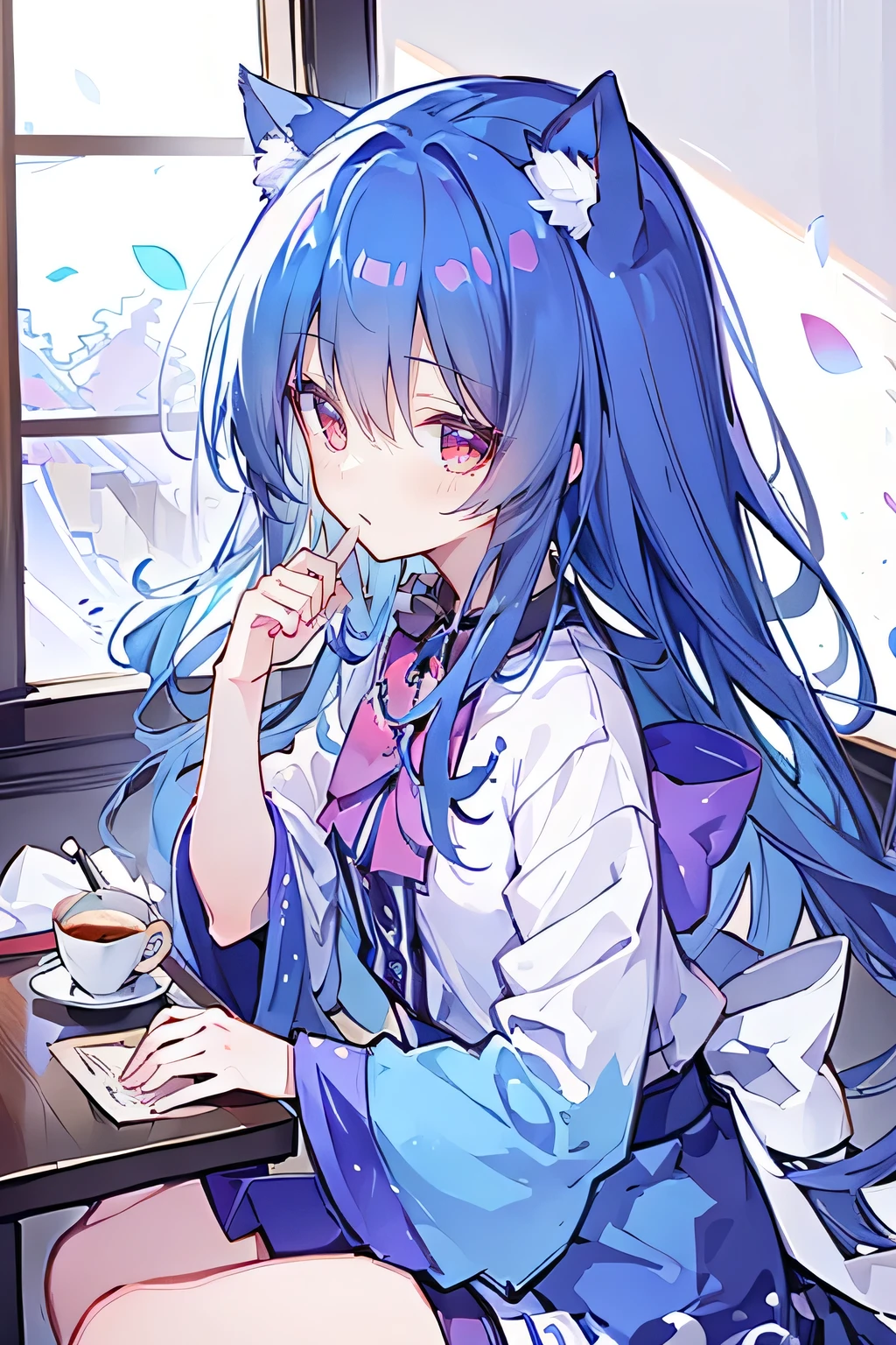 (Masterpiece:1.2)，Ultra-detailed，lifelike，The eyes are expressive，Fair skin，Perfect face shape，1 girl，
Japanese Manga，Gorgeous blue hair，Flowing blue hair，Flowing clothes，Cat ears，Petals falling，Beautiful Lola，little angel，
Cross your legs，Gentle and peaceful background，Smile，Wearing a sweatshirt，Tokyo background，background，heavy snow，冬天 on window sill drinking coffee and looking out the window