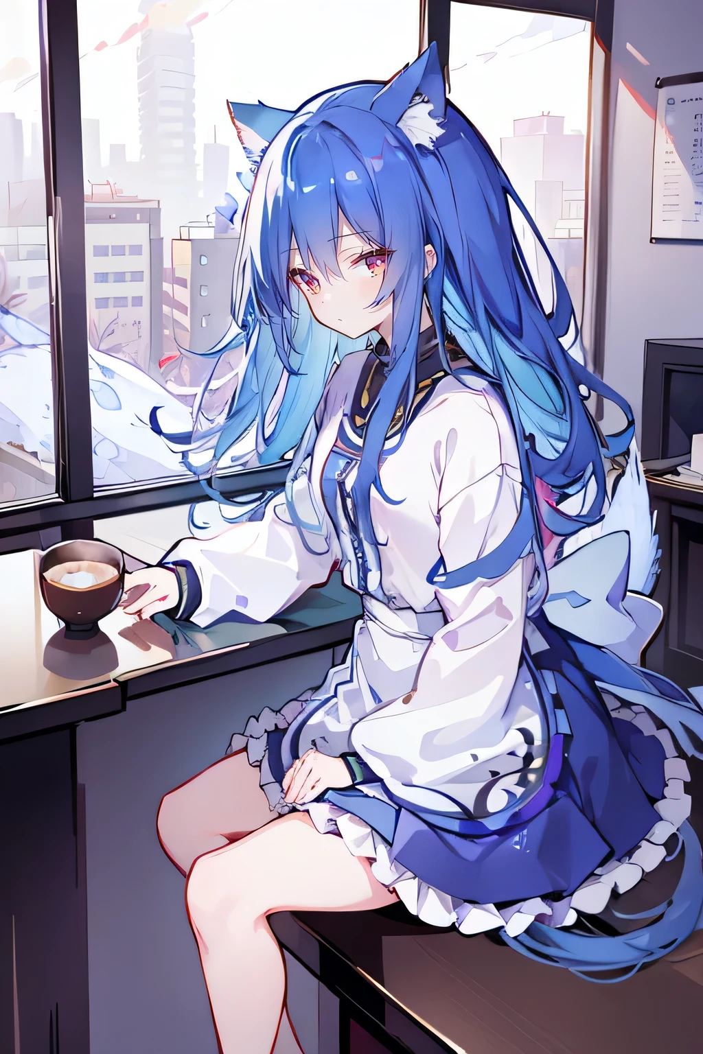 (Masterpiece:1.2),Ultra-detailed,lifelike,The eyes are expressive,Fair skin,Perfect face shape,1 girl,
Japanese Manga,Gorgeous blue hair,Flowing blue hair,Flowing clothes,Cat ears,Petals falling,Beautiful Lola,little angel,
Cross your legs,Gentle and peaceful background,Smile,Wearing a sweatshirt,Tokyo background,background,heavy snow,冬天 on window sill drinking coffee and looking out the window