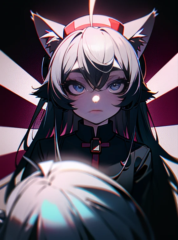 long hair, low-tied long hair, Nurse hat, Eye ball, Wide eyes, Cat ears, makeup, Surrealism, Surrealism, Contemporary art, realism, image Fill, idea, Lighting and illumination, First-person view, F/1.8, Ultra clear, Masterpiece, 16 kg, 8k