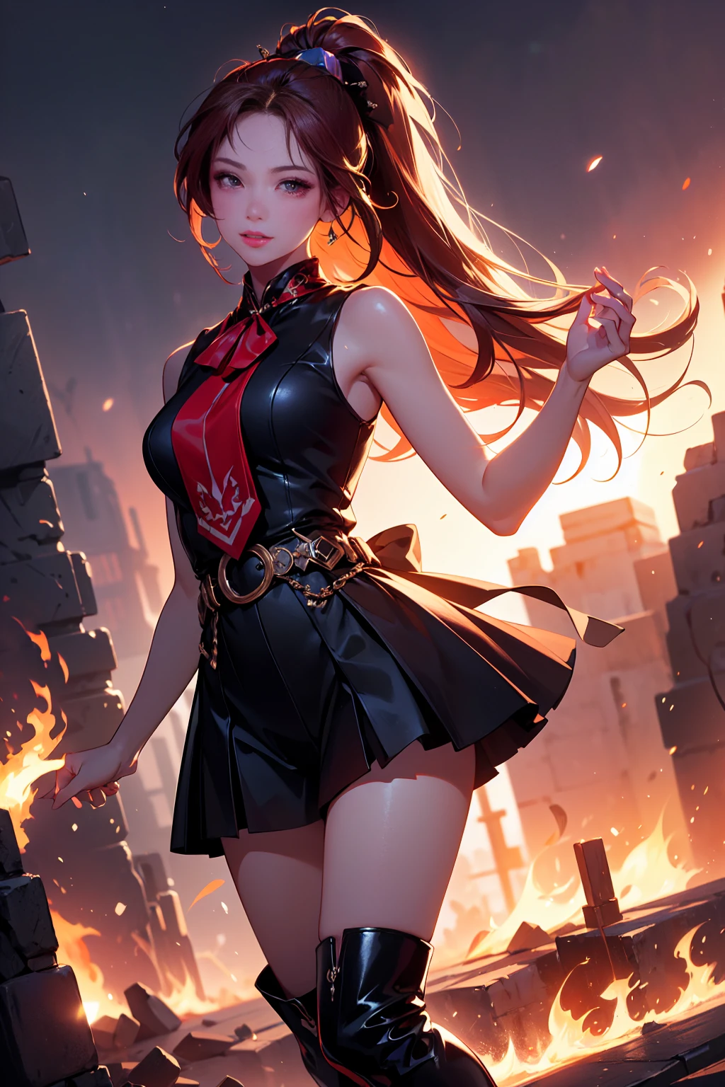 20 years old, long red hair, wears a ponytail, red eyes, always smiling. She dresses in an antique style, wearing a short brown skirt with black shorts underneath, ending above the knees. She wears knee-high brown boots. Her white blouse is sleeveless and features red details. She possesses fire powers and has a fire-themed background. 8k, high quality, full body, (ultra-realistic), {extremely detailed 8k CG unit wallpaper}, expansive landscape photograph, , (light: 2.0), (warm light source: 1.5), complex details, (iridescent colors: 1.5), (bright lighting), (atmospheric lighting), surreal, impressive, fantasy, (Solo: 1.2)