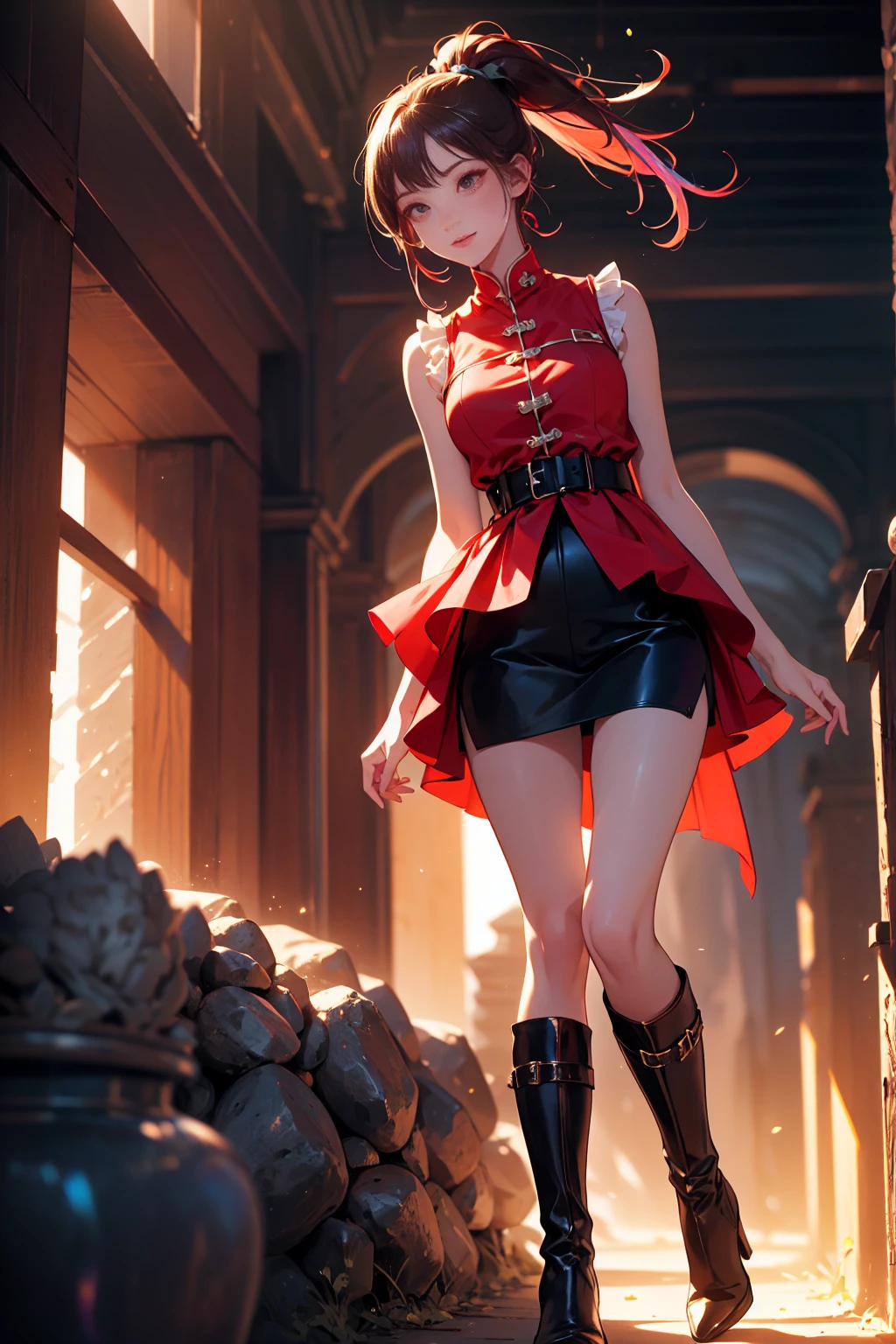 20 years old, long red hair, wears a ponytail, red eyes, always smiling. She dresses in an antique style, wearing a short brown skirt with black shorts underneath, ending above the knees. She wears knee-high brown boots. Her white blouse is sleeveless and features red details. She possesses fire powers and has a fire-themed background. 8k, high quality, full body, (ultra-realistic), {extremely detailed 8k CG unit wallpaper}, expansive landscape photograph, , (light: 2.0), (warm light source: 1.5), complex details, (iridescent colors: 1.5), (bright lighting), (atmospheric lighting), surreal, impressive, fantasy, (Solo: 1.2)