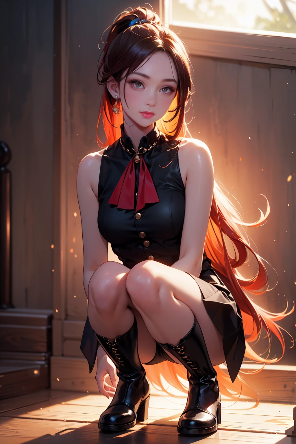 20 years old, long red hair, wears a ponytail, red eyes, always smiling. She dresses in an antique style, wearing a short brown skirt with black shorts underneath, ending above the knees. She wears knee-high brown boots. Her white blouse is sleeveless and features red details. She possesses fire powers and has a fire-themed background. 8k, high quality, full body, (ultra-realistic), {extremely detailed 8k CG unit wallpaper}, expansive landscape photograph, , (light: 2.0), (warm light source: 1.5), complex details, (iridescent colors: 1.5), (bright lighting), (atmospheric lighting), surreal, impressive, fantasy, (Solo: 1.2)