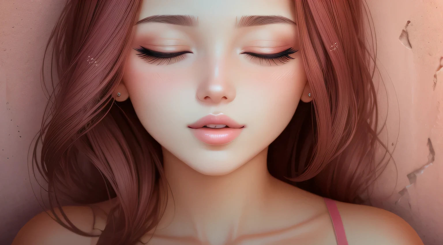 Close up shot of a woman who has closed her eyes and parted her perfect lips, blushing very hard, kissable face and lips, amazing makeup, against a wall