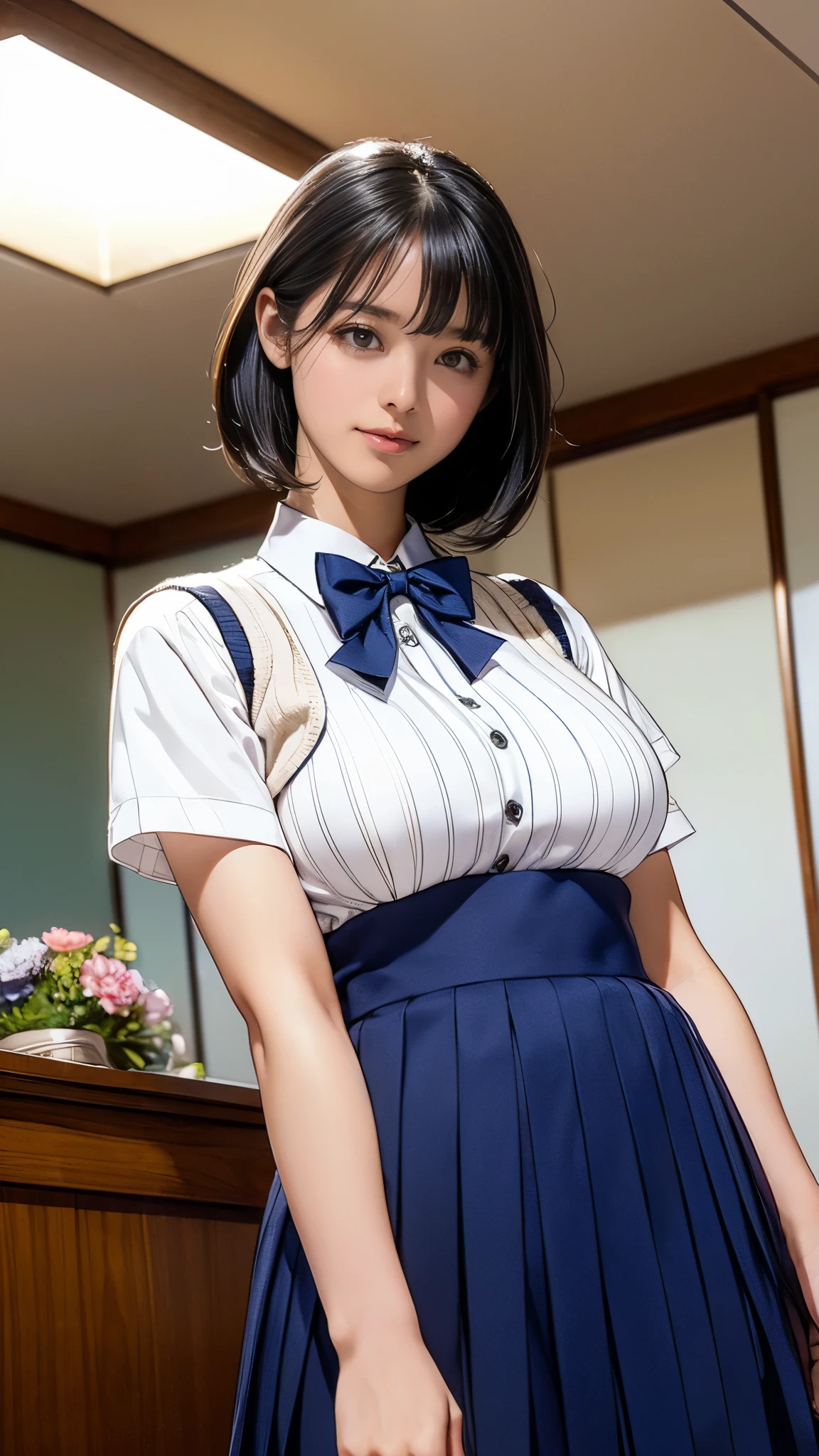 (masterpiece:1.2, Highest quality), (Realistic, photoRealistic:1.4), (Large Breasts:1.5), Beautiful illustrations, (Natural Side Lighting, Cinema Lighting), Written boundary depth, Looking at the audience, (Face Focus, Upper Body), Front view, 1 girl, Japanese, high school girl, , Perfect Face, Symmetrical cute face, Glowing Skin, (Bob Hair:1.7,Black Hair), Asymmetrical bangs, Big eyes, Droopy eyes, long eyelashes chest), thin, Beautiful Hair, Beautiful Face, Beautiful and beautiful eyes, Beautiful clavicle, Beautiful body, Beautiful breasts, Beautiful thighs, Beautiful legs, Beautiful fingers, ((Quality fabric texture, brown knit vest, Short sleeve white collar shirt, Navy Pleated Skirt, Navy bow tie)), (Beautiful views), evening, (Inside the flower shop), Are standing, (smile, Superior, Open your mouth), (From below:1.5),(Poor visibility:1.5), (From below)