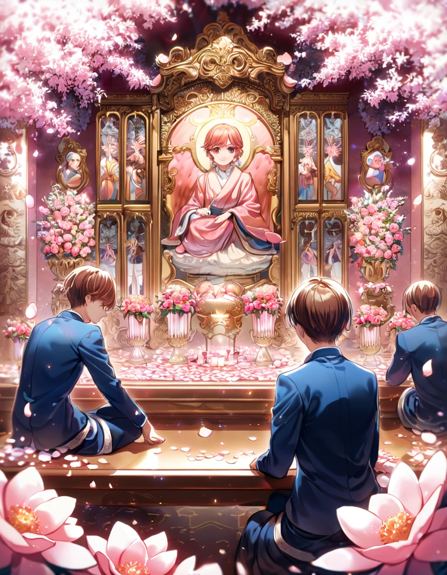 absurderes, high resolution, ultra detaild, HDR, work of art, best qualityer, Sato Mafuyu, pinkish brown hair, Olhos castanhos expressivos, dada, standing alone, naughty man, bonitas, Blue jacket, black jersey, sitting down, pink butterflies, petals, pink flowers, magical, fancy, Ablaze, pink back ground