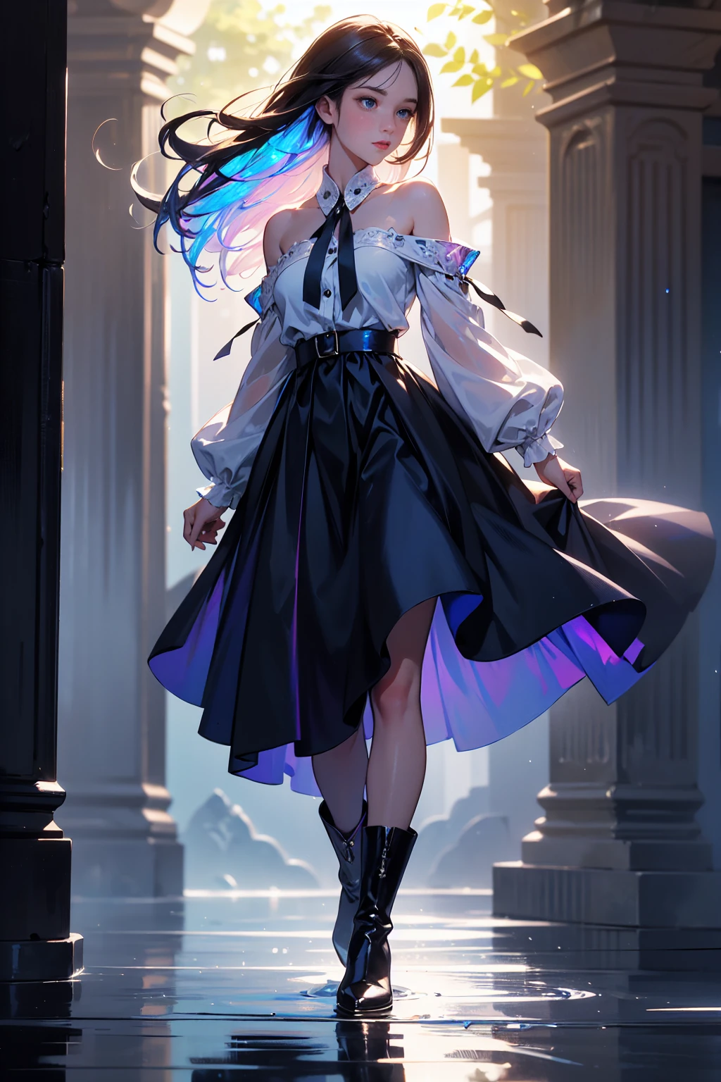 20 years old, with short dark blue hair to the shoulders, a serious yet tender expression, and bright light blue eyes. She dresses in an antique style, wearing a long dark blue skirt that reaches her knees, and small dark brown boots up to her ankles. Her white blouse is long-sleeved, covering her fingers slightly, and falls off one shoulder, leaving it exposed. She possesses water powers and has a water-themed background. 8k, high quality, full body, (ultra-realistic), {extremely detailed 8k CG unit wallpaper}, expansive landscape photograph, (light: 2.0), (warm light source: 1.5), complex details, (iridescent colors: 1.5), (bright lighting), (atmospheric lighting), surreal, impressive, fantasy, (Solo: 1.2)