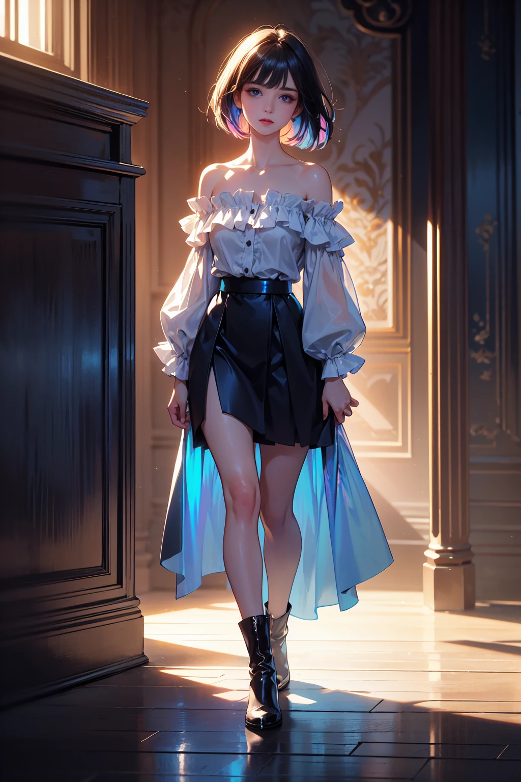 20 years old, with short dark blue hair to the shoulders, a serious yet tender expression, and bright light blue eyes. She dresses in an antique style, wearing a long dark blue skirt that reaches her knees, and small dark brown boots up to her ankles. Her white blouse is long-sleeved, covering her fingers slightly, and falls off one shoulder, leaving it exposed. She possesses water powers and has a water-themed background. 8k, high quality, full body, (ultra-realistic), {extremely detailed 8k CG unit wallpaper}, expansive landscape photograph, (light: 2.0), (warm light source: 1.5), complex details, (iridescent colors: 1.5), (bright lighting), (atmospheric lighting), surreal, impressive, fantasy, (Solo: 1.2)