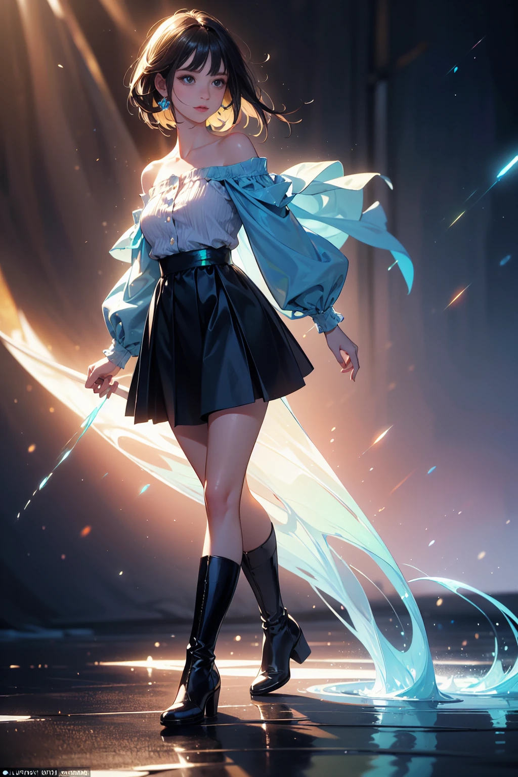20 years old, with short dark blue hair to the shoulders, a serious yet tender expression, and bright light blue eyes. She dresses in an antique style, wearing a long dark blue skirt that reaches her knees, and small dark brown boots up to her ankles. Her white blouse is long-sleeved, covering her fingers slightly, and falls off one shoulder, leaving it exposed. She possesses water powers and has a water-themed background. 8k, high quality, full body, (ultra-realistic), {extremely detailed 8k CG unit wallpaper}, expansive landscape photograph, (light: 2.0), (warm light source: 1.5), complex details, (iridescent colors: 1.5), (bright lighting), (atmospheric lighting), surreal, impressive, fantasy, (Solo: 1.2)