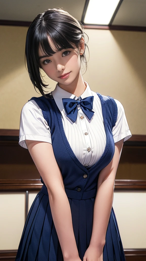 (masterpiece:1.2, Highest quality), (Realistic, photoRealistic:1.4), (Large Breasts:1.5), Beautiful illustrations, (Natural Side Lighting, Cinema Lighting), Written boundary depth, Looking at the audience, (Face Focus, Upper Body), Front view, 1 girl, Japanese, high school girl, , Perfect Face, Symmetrical cute face, Glowing Skin, (Bob Hair:1.7,Black Hair), Asymmetrical bangs, Big eyes, Droopy eyes, long eyelashes chest), thin, Beautiful Hair, Beautiful Face, Beautiful and beautiful eyes, Beautiful clavicle, Beautiful body, Beautiful breasts, Beautiful thighs, Beautiful legs, Beautiful fingers, ((Quality fabric texture, brown knit vest, Short sleeve white collar shirt, Navy Pleated Skirt, Navy bow tie)), (Beautiful views), evening, (Inside the flower shop), Are standing, (smile, Superior, Open your mouth), (From below:1.5),(Poor visibility:1.5), (From below)