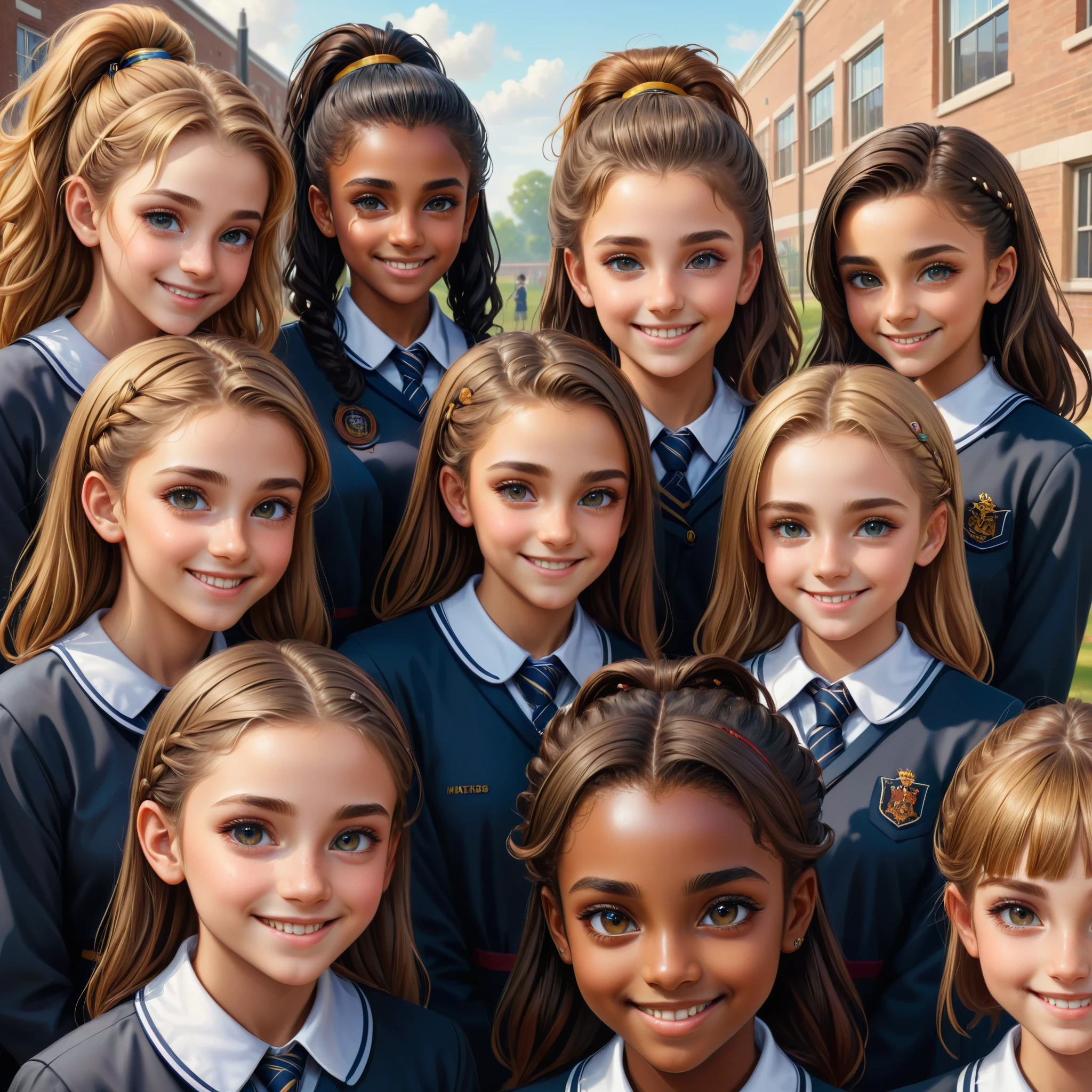 group picture, multiple girls, 6+girls, portrait, (masterpiece:1.2), best quality, high quality, (hyper detailed), 4K, 8K, absurdres, highres, photorealistic, extremely fine, (beautiful detailed face, looking at viewer, various races, different faces, various hairstyles, detailed hair, various eyes, detailed eyes), (school uniform:1.1), smile, (no makeup:1.3), detailed background,