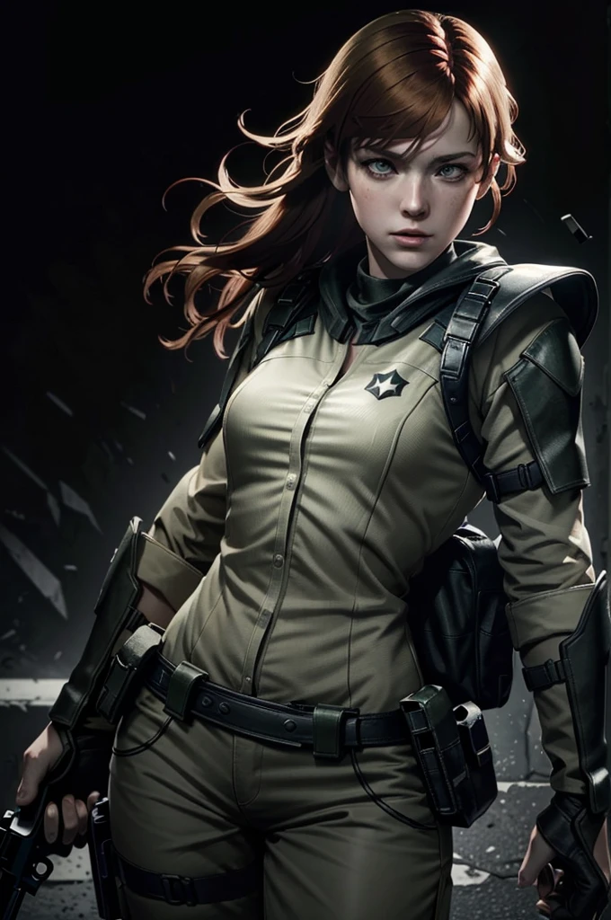 (masterpiece, best quality)
solo, red hair, realistic, long hair, 1girl, black background, green eyes, upper body, lips, parted lips, simple background, dark, combat suit, pistol
