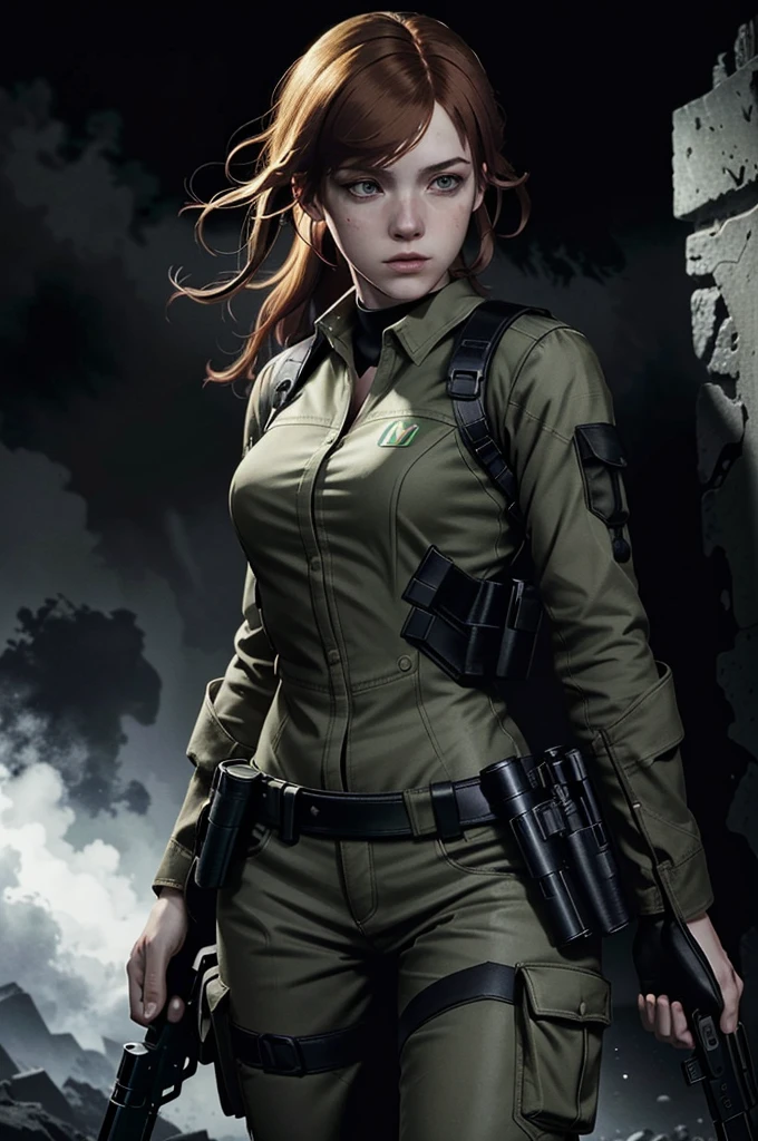 (masterpiece, best quality)
solo, red hair, realistic, long hair, 1girl, black background, green eyes, upper body, lips, parted lips, simple background, dark, combat suit, pistol
