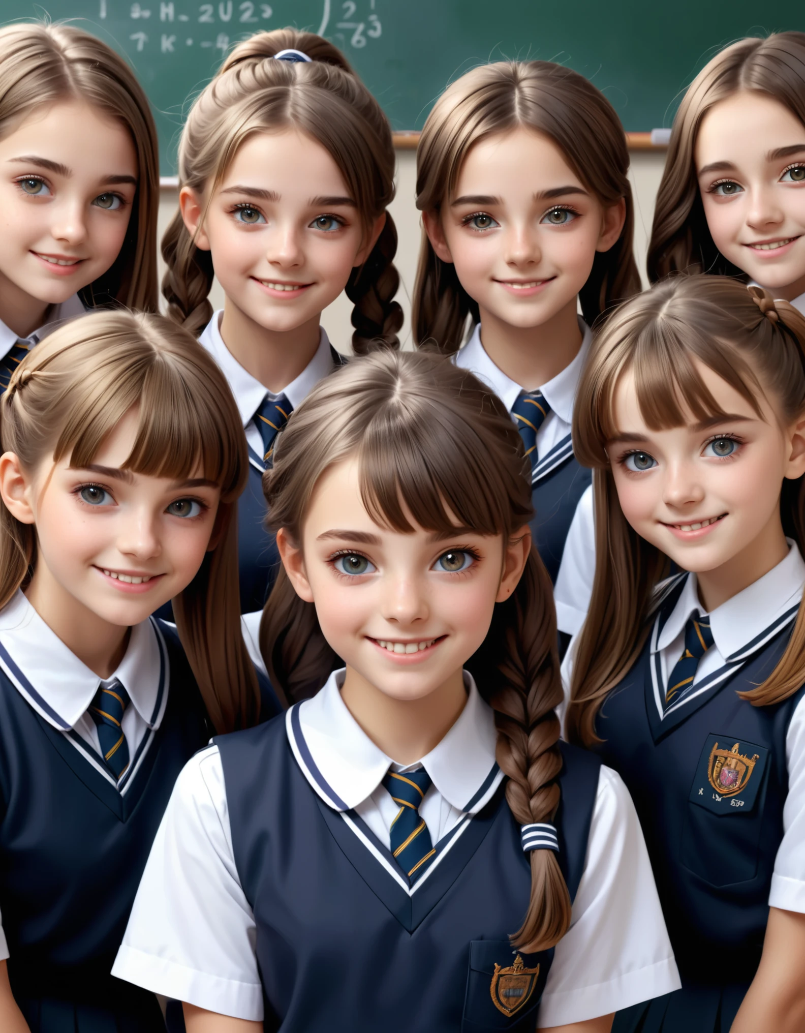 group picture, multiple girls, 6+girls, portrait, (masterpiece:1.2), best quality, high quality, (hyper detailed), 4K, 8K, absurdres, highres, photorealistic, extremely fine, (beautiful detailed face, looking at viewer, different faces, various hairstyles, detailed hair, detailed cute eyes), (school uniform:1.1), smile, (no makeup:1.3), yo, simple background,