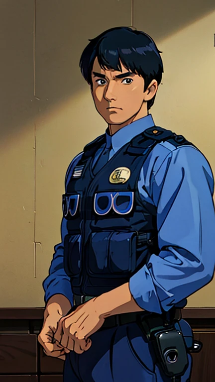 (a jchan man), (extremely detailed CG unit 8k wallpaper),(master part), (best quality), (ultra detali), (best illustration),(Police uniform), cowboy shot, (Sharp eyeliner, ombre, detailed eyes:1), earth in the background, police station indoors, ,break , (ghibli style), upper body,short hair, black hair