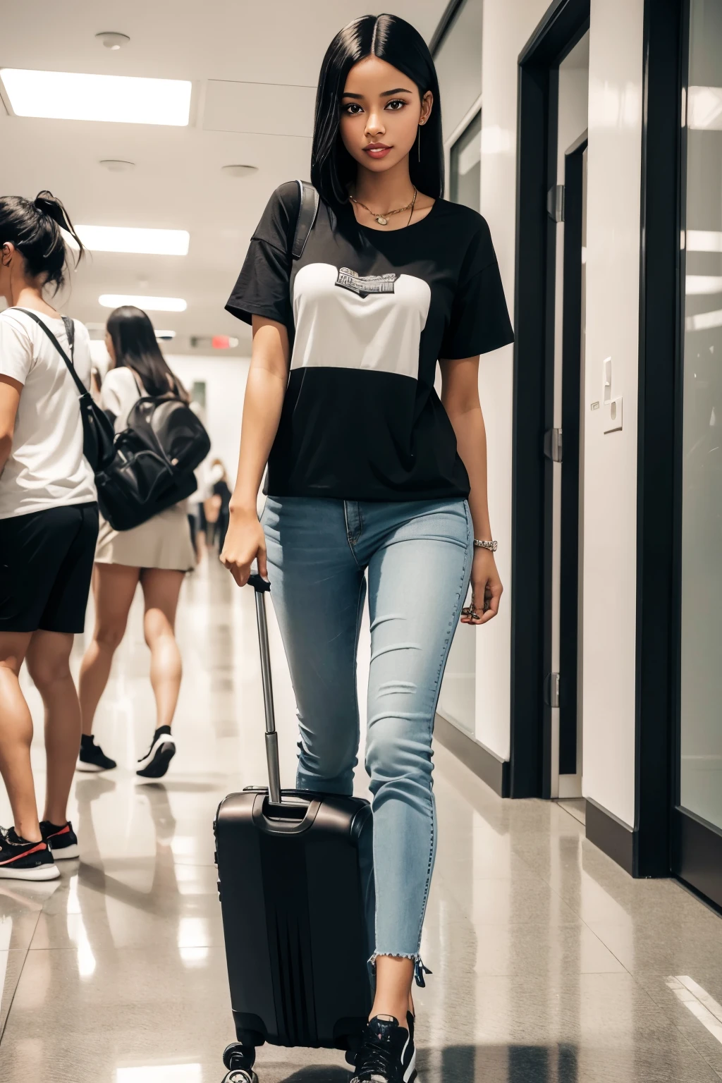 beautiful young black woman with straight black hair wearing casual clothes and pulling suitcase, fully body