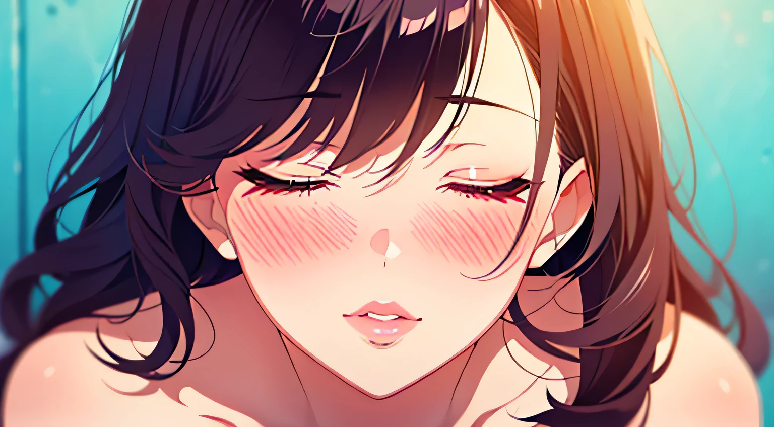 Close up shot of a woman who has closed her eyes and parted her perfect lips, blushing very hard, kissable face and lips, amazing makeup, against a wall