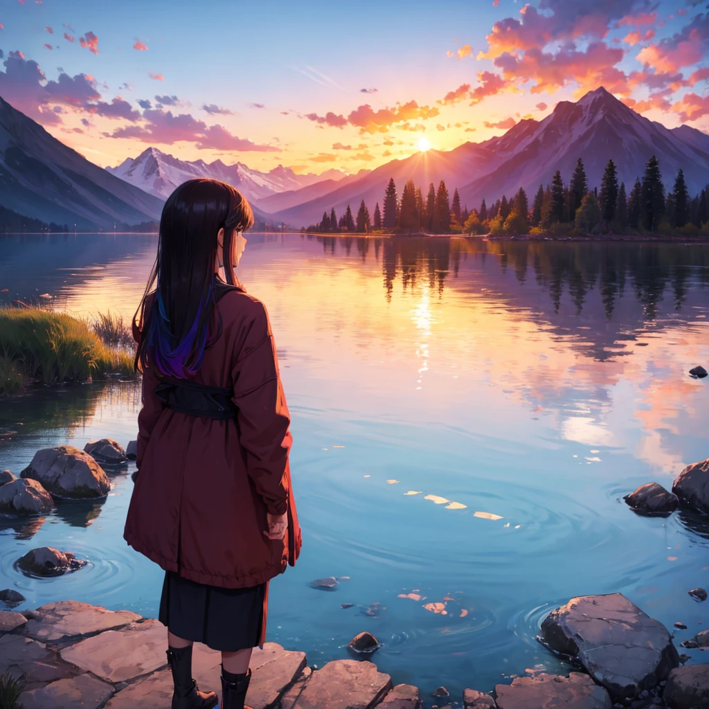 far shot of a girl standing by a lake, surrounded by mountains and a beautiful sunset with many colors