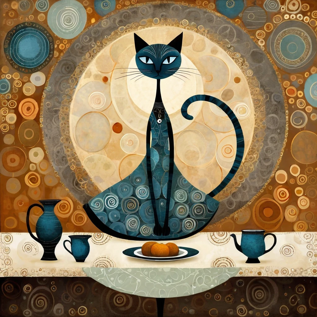 in the style of Andy Kehoe and Tracy Grimwood. Stylized figure. Female cat, with female body. slender, beautiful, very long neck, large gray-blue eyes, long eyelashes, dress with wide neckline. she is sitting at a dining table, with an empty plate in front of her. background with neutral patterns of circles and spirals. warm colors, medium saturation