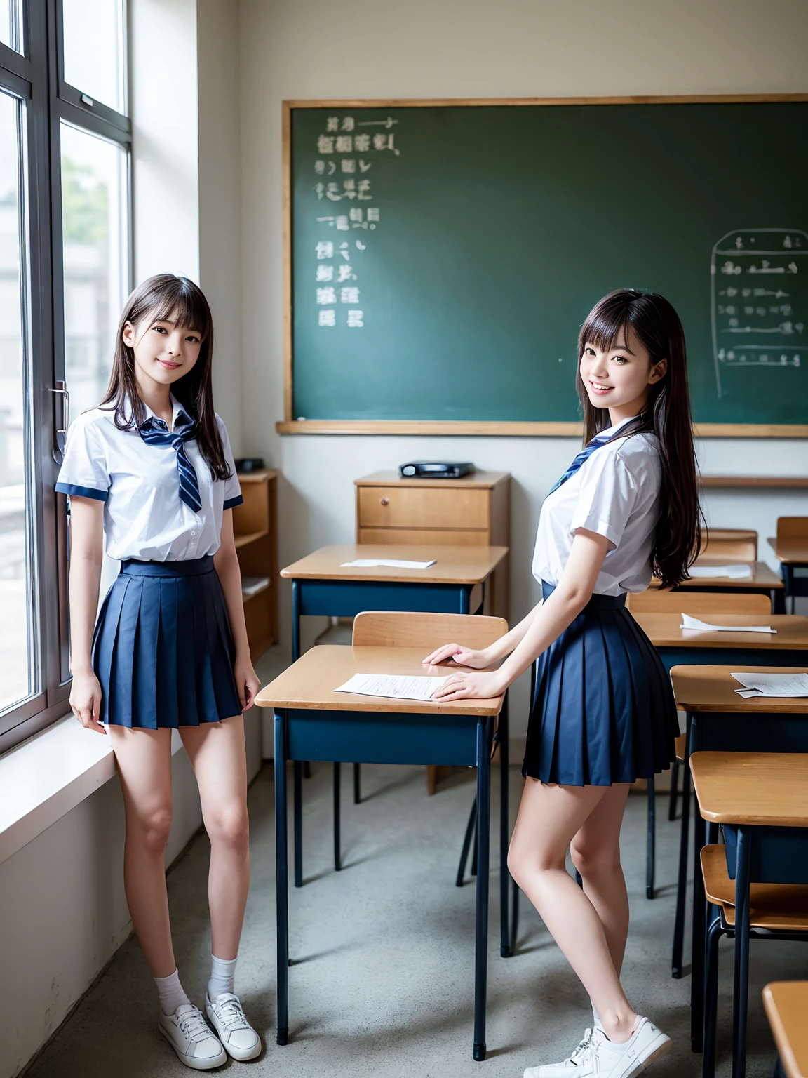 (Highest quality, masterpiece, Photorealistic, Super detailed, Ultra-high resolution, born:1.3), (Three Girls:1.3), beautiful, 日本人の女子高born, 16 years old, In the classroom, 学born服,Navy blue high waist pleated mini skirt, (smile), (bangs), (Long legs, whole body:1.2), (Standing side by side)