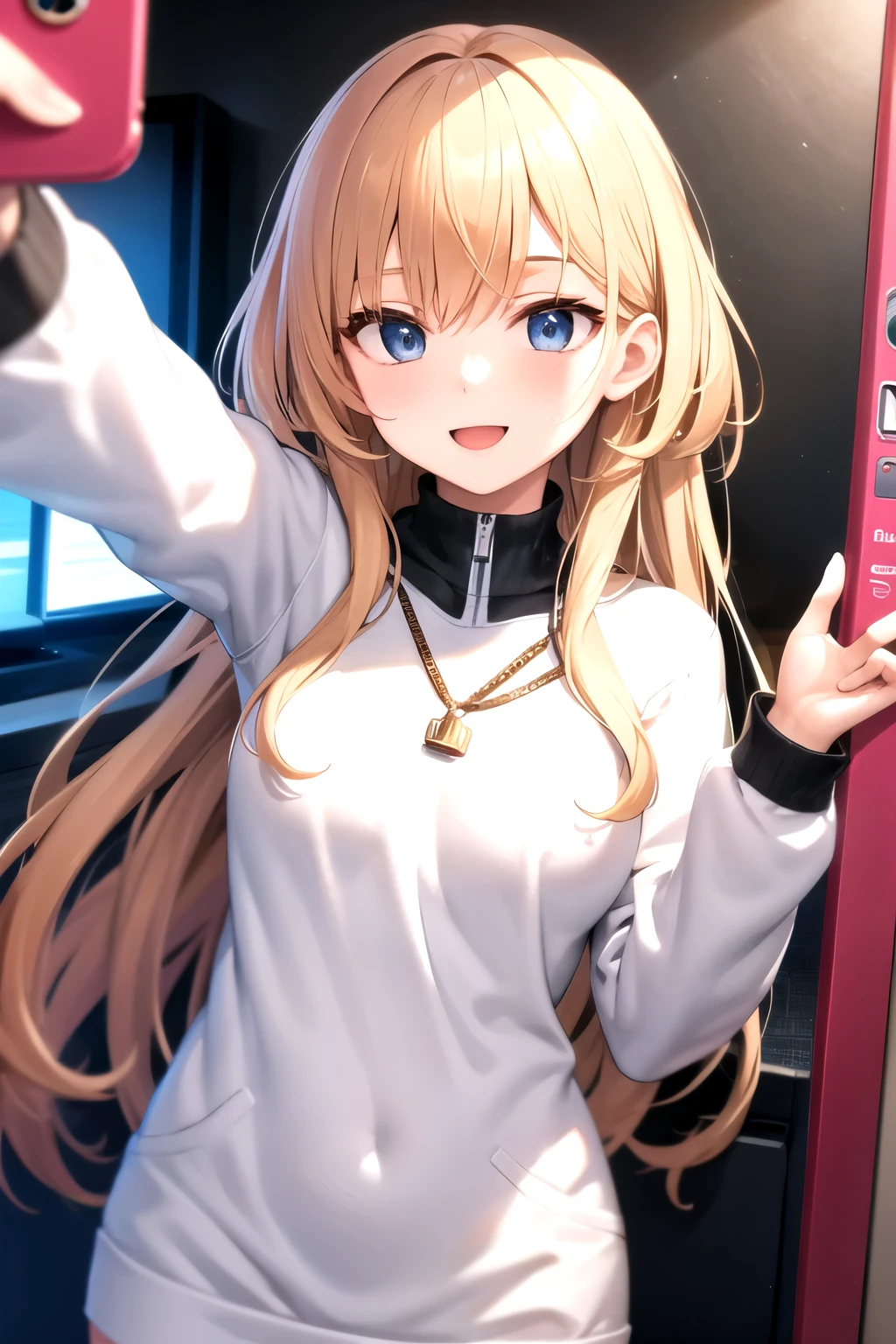 ((Highest quality)), ((masterpiece)), (detailed), One girl, Extend your right hand and take a selfie with your smartphone,Look at your smartphone,Wave at the smartphone with your left hand,whole body,Long sleeve,looks fun