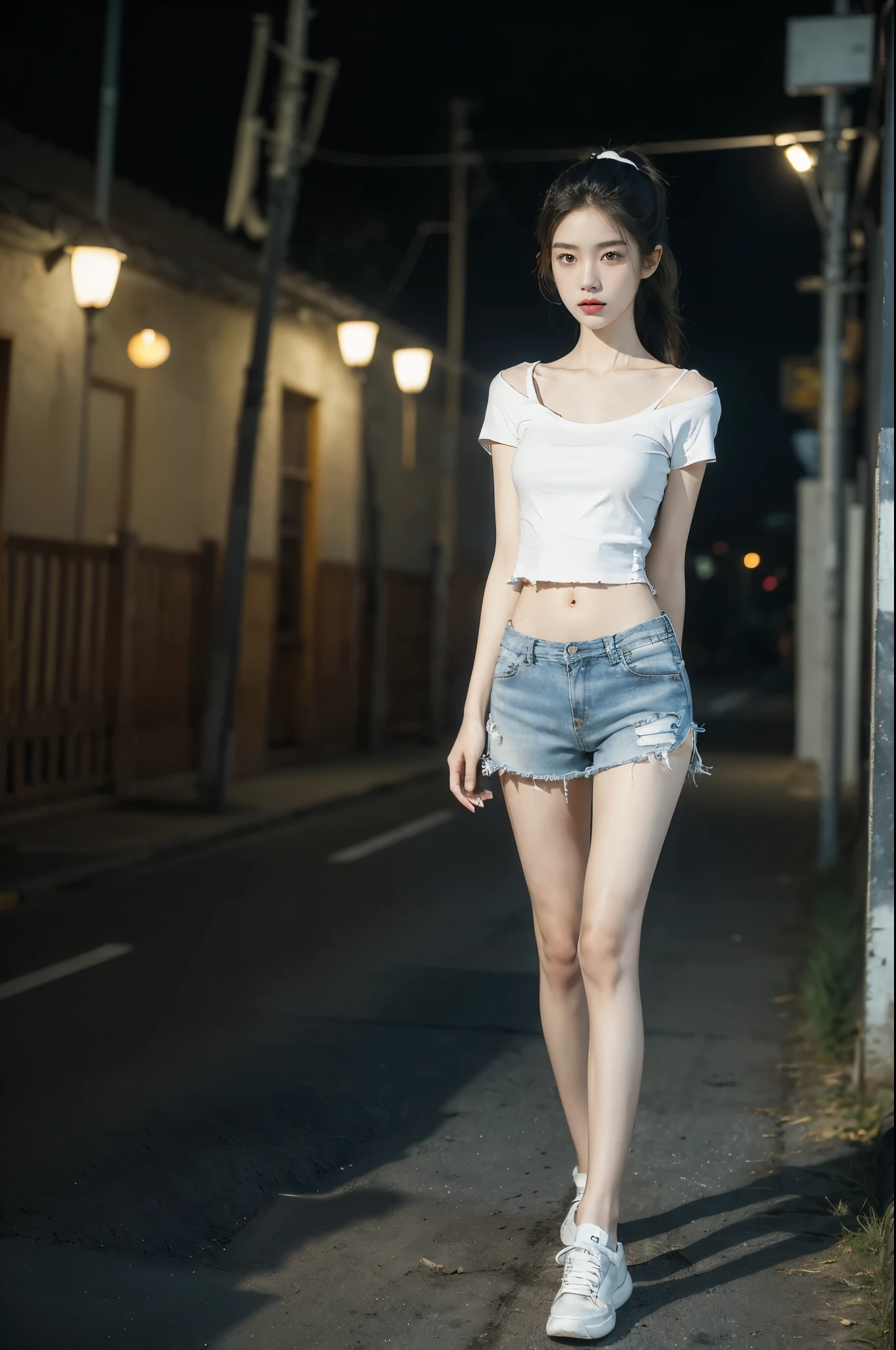 (((best quality))),(((ultra detailed))),(((masterpiece))),illustration,((1 beautiful girl,solo)),(short ponytail:1.2),((slim,thin)),((small breasts,flat chest)),((dimly lit garden courtyard, high-rise residential community)),(torn white short-sleeved T-shirt:1.3),(torn blue sports shorts:1.3),(navel:1.2),(slender legs:1.2),(sneakers:1.2),(standing:1.3),(arms behind back:1.3),youthful charm, vibrant energy, sleek hair, bright eyes, smooth skin, fair complexion, curiosity, adventure, graceful collarbones,concrete ground, streetlights, yellowish glow, tall buildings, shadows, eerie atmosphere, confident demeanor, ease, solitude, beauty, life, warm presence,(summer:1.3),(night scene:1.3),((from front,full body))