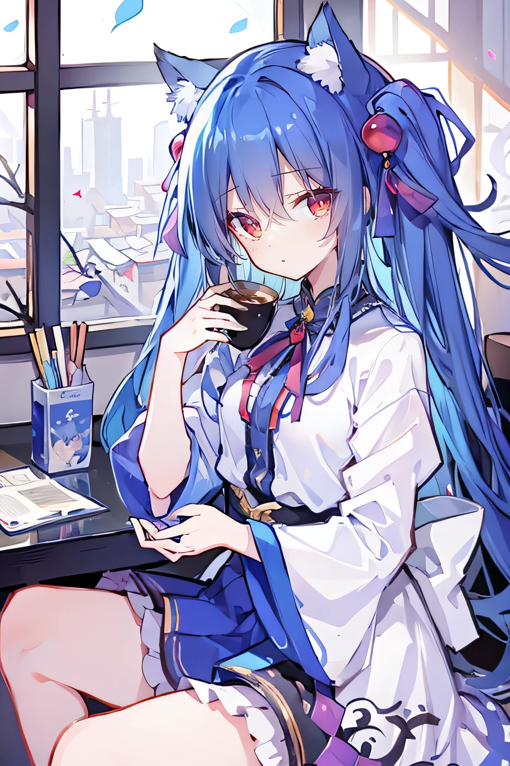 (Masterpiece:1.2),Ultra-detailed,lifelike,The eyes are expressive,Fair skin,Perfect face shape,1 girl,
Japanese Manga,Gorgeous blue hair,Flowing blue hair,Flowing clothes,Cat ears,Petals falling,Beautiful Lola,little angel,
Cross your legs,Gentle and peaceful background,Smile,Wearing a sweatshirt,Tokyo background,background,heavy snow,冬天 on window sill drinking coffee and looking out the window