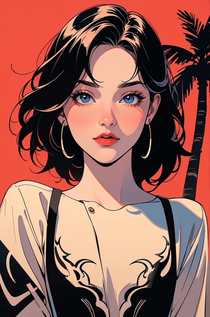 retro girl, Miami, sunset, Ferrari, palm tree, 90's, (flat colors, flat texture, lineart:1.2), graphical design, (heavy ink, ink blacks),