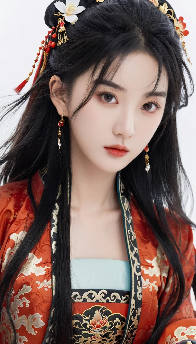 1 girl, woman, handsome, ink, Chinese armor, ((2.5D)), black hair, floating hair, delicate eyes, black and red antique damask Hanfu, fov, (f1.8), (masterpiece), (portrait shot), front shot, white background, (movie poster)