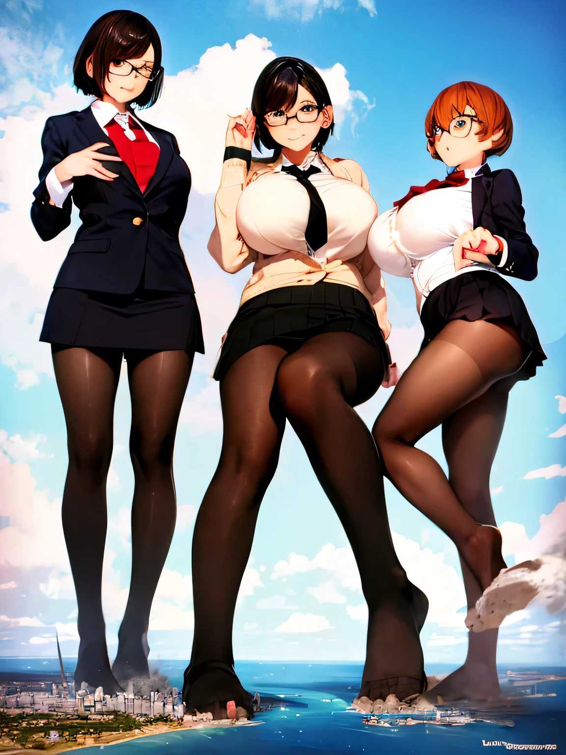 multiple girls, 3girls, standing, giantess art, highly detailed giantess shots, giantess, most detailed, perfect face, Two legs, Five fingers, short hair, A high school girl who is bigger than a skyscraper, Wearing rimless glasses, smile, huge breasts, Navy blazer, Red tie, mini skirt, black pantyhose, no shoes on, toes visible through pantyhose, Steam coming out from the soles of my feet, seaside metropolis, numerous miniature warships on the sea, Destroying cities, Under heavy attack, A very small big city, Miniature metropolis, Full body description, GTS, giga giantess, stomping city, crash city, tiny city, micro city, pantyhose feet, High resolution, highest quality, masterpiece, 