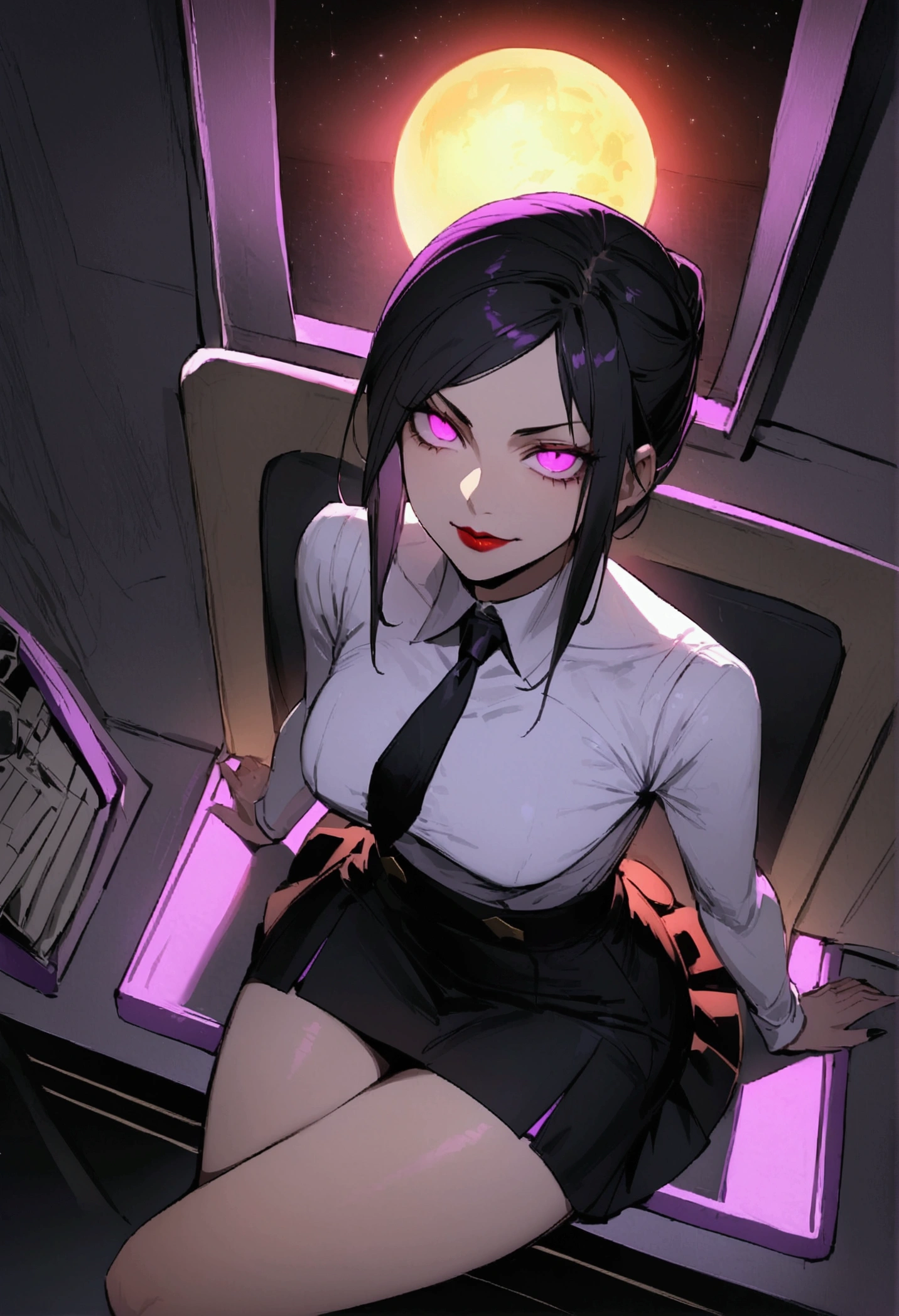 juri han, work of art, tight white secretary shirt with black tie, black high waist skirt, short skirt,stocking, black hair, black tightscary sun,office,bangs on the eyes,Lighting, hair with purple details,view from above,staring overhead,evil smile,sitting,cross legs,glowing purple eyes,red lips,The eyes