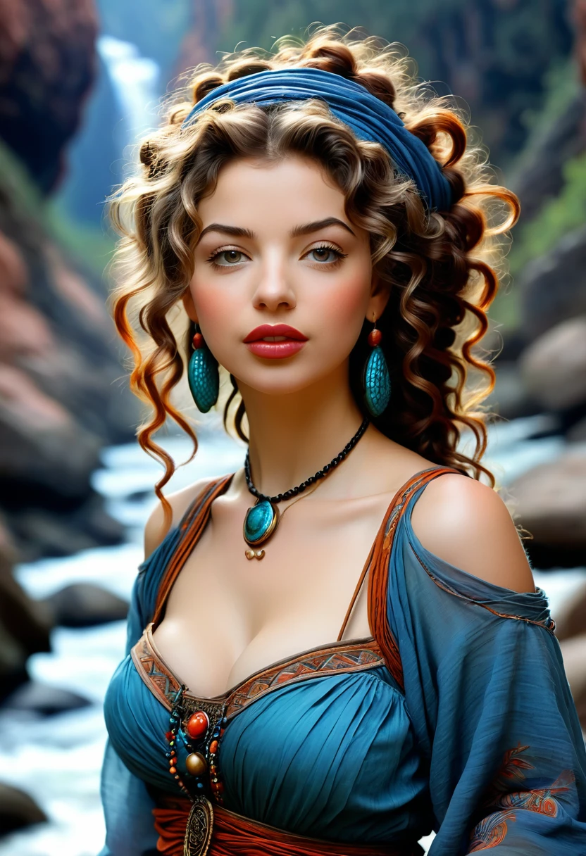 Thirst trap. A beautiful gypsy woman with large thick and wide beautiful lips with the appearance of Masiela Lusha, thick hips, thin waist, deep and wide breasts. Hourglass figure, with hair that is coarse, wiry, and tightly curled. It often has a rough texture, feels stiff to the touch, and may be prone to frizz and tangling. curls can be densely packed. Looking at viewer with love. Long southwestern style dress, hoop earing and jewelry. Wearing a traditional gypsy dress with Skirts and scarves billowing in breeze. The Official Art – An Award-Winning Digital Masterpiece In 4K Ultra HD, Extreme Detail And Intricate Realism. This Concept Art Brought To Life By The Hands Of Brian Froud and Thomas Kinkaid In A Stunning 2D Vector Illustration. . massive, perky, perfect spheres, firm, voluptuous, cleavage, full, well shaped pleasing breasts. buxom. Background is a panoramic vista of redrock canyon with a beautiful blue river running through it.
