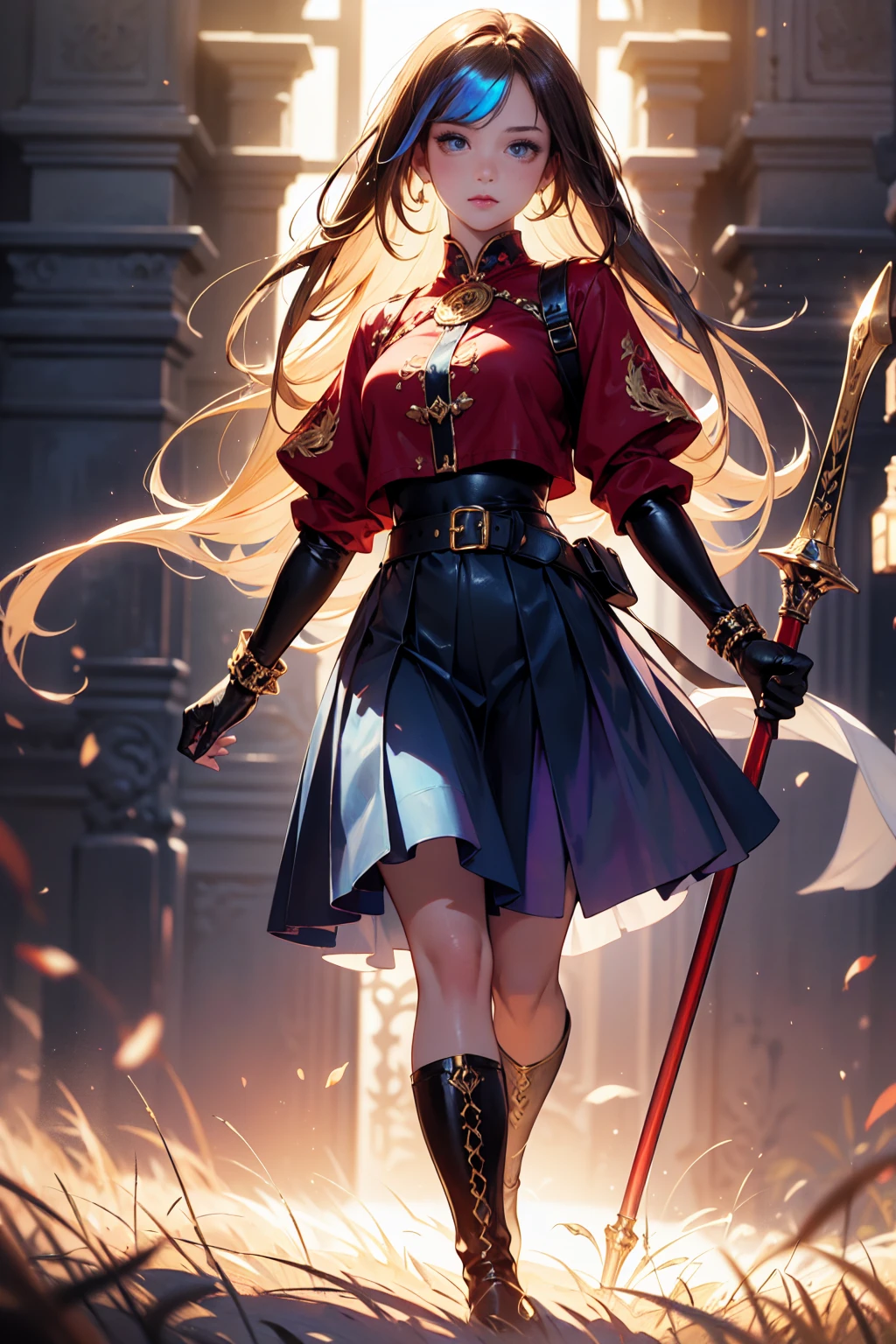 20-year-old girl, long blonde hair, blue eyes, angry expression, long dark blue skirt with gold embroidery at the hem, old-fashioned blue blouse with long fitted sleeves, adorned with red details, red leather gloves that reach her elbows, dark brown leather boots that reach mid-calf, leather belt adorned with a golden buckle and red details, her weapon is a huge greatsword with a gold and red decorated handle, hanging on her back in an ornate sheath, 8k, high quality, full body, (ultra-realistic), {extremely detailed 8k CG unit wallpaper}, expansive landscape photograph, (a view from below showing the grandeur of the character, wide open field view), (light: 2.0), (warm light source: 1.5), complex details, (iridescent colors: 1.5), (bright lighting), (atmospheric lighting), surreal, impressive, fantasy, (Solo: 1.2)