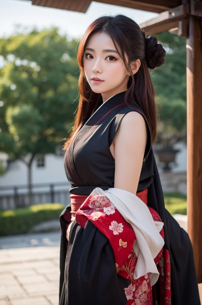 (Highest quality, 8k, masterpiece: 1.3), Beautiful female Tengu with perfect figure: 1.4, Dark red hair, Wearing a red face, Highly detailed face and skin, Detailed eyes, Wearing a black kimono,Flapping Tengu