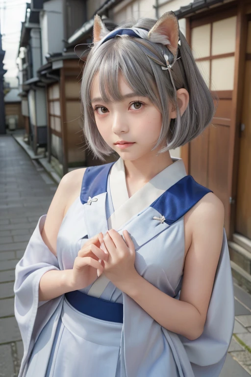 ((Silver Hair))、Short Hair、Small fox ears、one girl, (a beauty girl, delicate girl:1.3), (12 years old, change:1.3), break,((Shrine maiden costume)),(Brown fox ears) break, Definition of Very Fine Particles, (Symmetrical eyes:1.3), break, (alley, Kyoto:1.3), perfectly trimmed fingers, break, Small breasts, Brown eyes, Parted bangs, Brown Hair, girl, break, (Eye and facial details:1.0), break, (masterpiece, Highest quality, Very detailed, Detailed face, 8k)