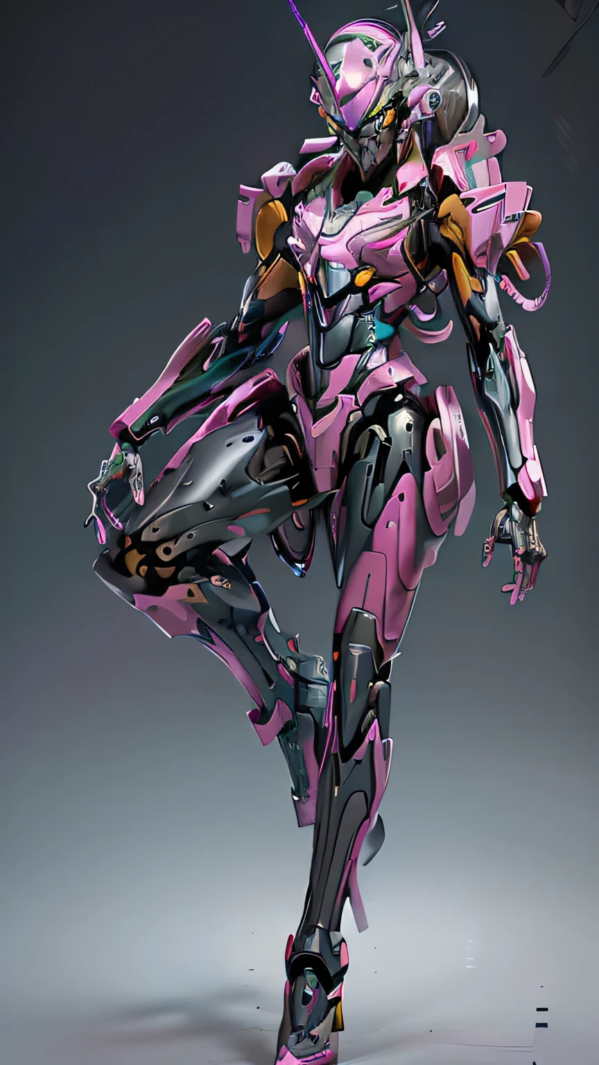 ((8k, Highest Quality, Masterpiece: 1.3)), Eva Unit 01, Pitch black, (Facing forward, whole body visible down to the toes), Futuristic equipment, ((Shiny body)), (Metal body), Very hard, (Ultra detailed: 1.3), (Main color: Pastel pink), (Second color: Silver gray), (Complex mechanical body), Emits rainbow light