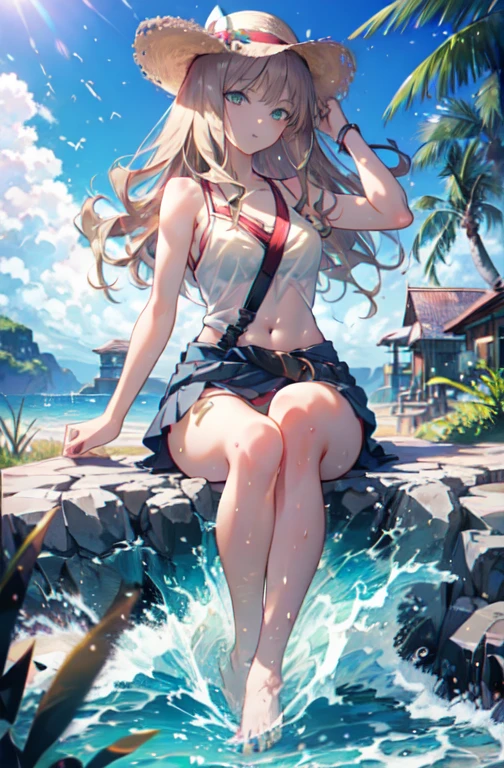 8k,Highest quality,masterpiece,１女の子 The seeds of a southern dream,The seeds of a southern dream　sss Dynazenon ,Long Hair,Green ruby eyes,Big straw hat,Blue Bikini Swimsuit,A thin floral patterned cloth is wrapped around the waist like a skirt,barefoot,barefoot,ビーチのSandy Beachを散歩しながら,With eyes that reflect the shadow of the setting sun、Brown hair fluttering in the breeze,Sandy Beach,Seaside,Light of the sun,Palm tree　　　　　　　　　　　　　　　(masterpiece:1.2), Highest quality, High resolution, unity 8k wallpaper, (shape:0.8), (Beautiful and detailed:1.6), Highly detailed face, Perfect lighting, Highly detailed CG, (Perfect hands, Perfect Anatomy), Ultra Dynamic Angle、Backlight,Shiny Hair,Glamorous Body,Realistic Flesh,Plump thighs、Stylish hairstyle,Curly hair,Stylish accessories,Very stylish swimsuit,See-through,