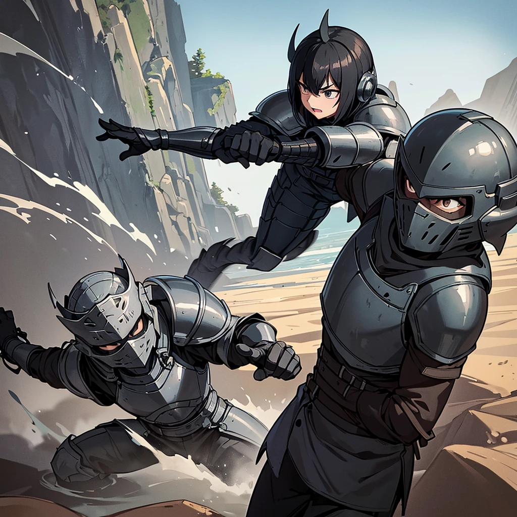 Best illustrations、Best Quality、(((Simple grey armor、Black trousers、Black gloves、Short Hair、Black Hair、20 year old man、Iron Helmet、Iron helmet)))、(((Fighting Pose)))、(Old ruins、desert。Grass)、(The Masked Knights)、(Black, muddy swamp)、(Medieval Knight)、(Close your eyes、get annoyed、Open your mouth、Get angry、Sweat)、battlefield、(From below)、Sea of mud、Black Sea