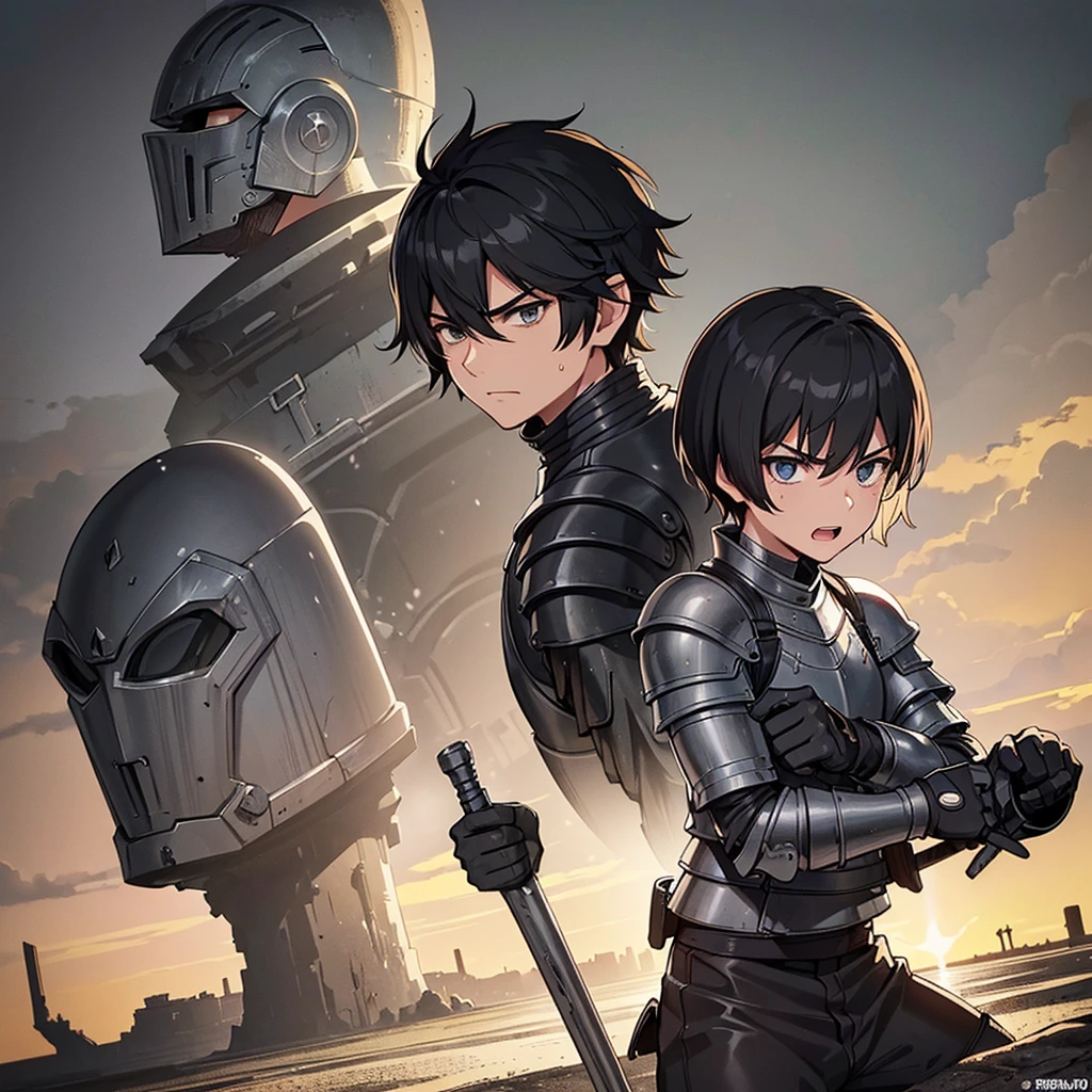 Best illustrations、Best Quality、(((Simple grey armor、Black trousers、Black gloves、Short Hair、Black Hair、20 year old man、Iron Helmet、Iron helmet)))、(((Fighting Pose)))、(Old ruins、desert。Grasasked Knight)、(Black, muddy swamp)、(Medieval Knight)、(Close your eyes、get annoyed、Open your mouth、Get angry、Sweat)、battlefield、(From the back)、Sea of mud、Black Sea