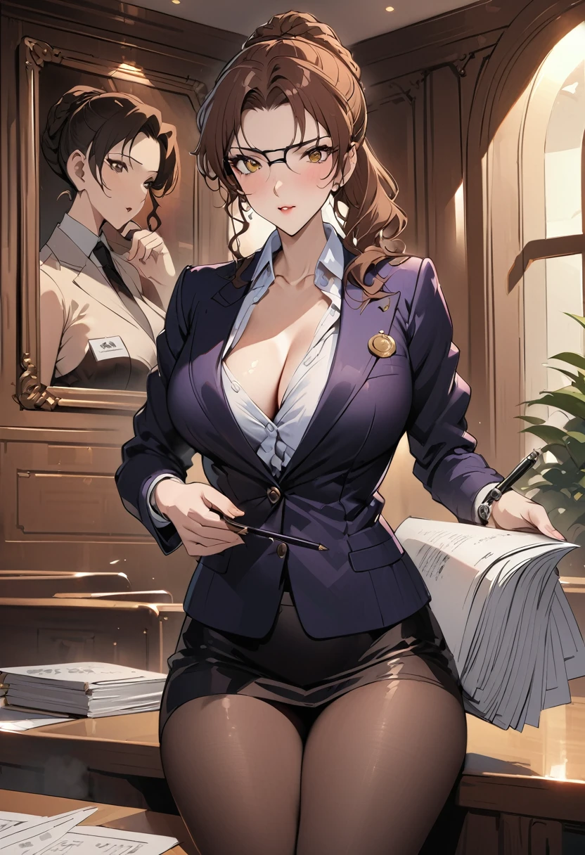 ((masterpiece, Top quality, high resolution, Highly detailed CG unified 8k wallpaper)), (Brown-haired beauty，Huge stunning goddess photo, Very hot and sexy, Stunning beauty, Perfect proportion, Beautiful Body, slim body beautiful:1.3), (female lawyer, Convincing jurors in court:1.3), Wearing a black suit, White shirt and black tight skirt, Black pantyhose, Silver-rimmed glasses and a thin watch, Small gold badge on left chest of suit, A hand holding a bundle of documents, The other hand holds a pen, View from behind,