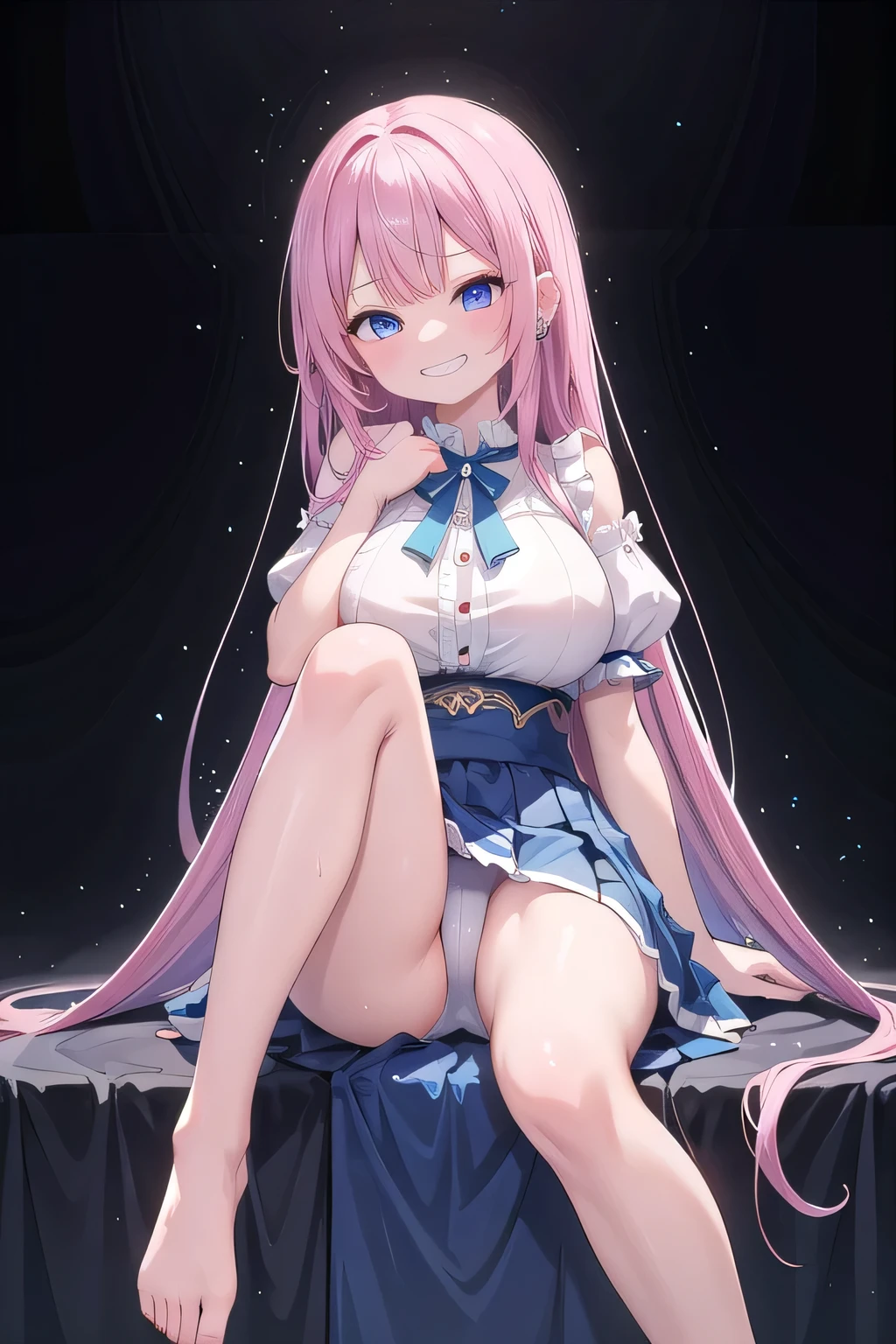 (ultra high res, ultra detailed, high resolution, 4), ((masterpiece))、((Highest quality))、((Very detailed))、One girl、brat、Pink Hair、Long Hair、straight hair、Pink Eyes、evil smile、((Grin))、((lots of piercing))、Large , Blue Eyes, dollar on hands, mesugaki, mocking smile, hight resolution、high-level image quality、Foot Focus、Sweating on the soles of the feet, sitting on a chair, background not detailled,((large breast)e top,blue skirt,sexy (((best lity)), ((masterpiece)), (details), masterpiece, best quality, high quality, ulutra detailed, perfect face,