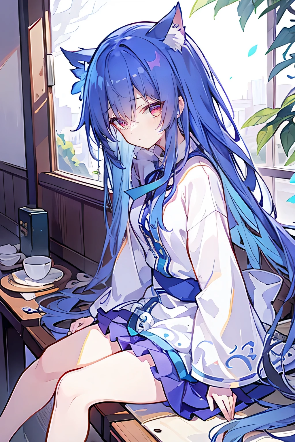 (Masterpiece:1.2)，Ultra-detailed，lifelike，The eyes are expressive，Fair skin，Perfect face shape，1 girl，
Japanese Manga，Gorgeous blue hair，Flowing blue hair，Flowing clothes，Cat ears，Petals falling，Beautiful Lola，little angel，
Cross your legs，Gentle and peaceful background，Smile，Wearing a sweatshirt，Tokyo background，background，heavy snow，冬天 on window sill drinking coffee and looking out the window