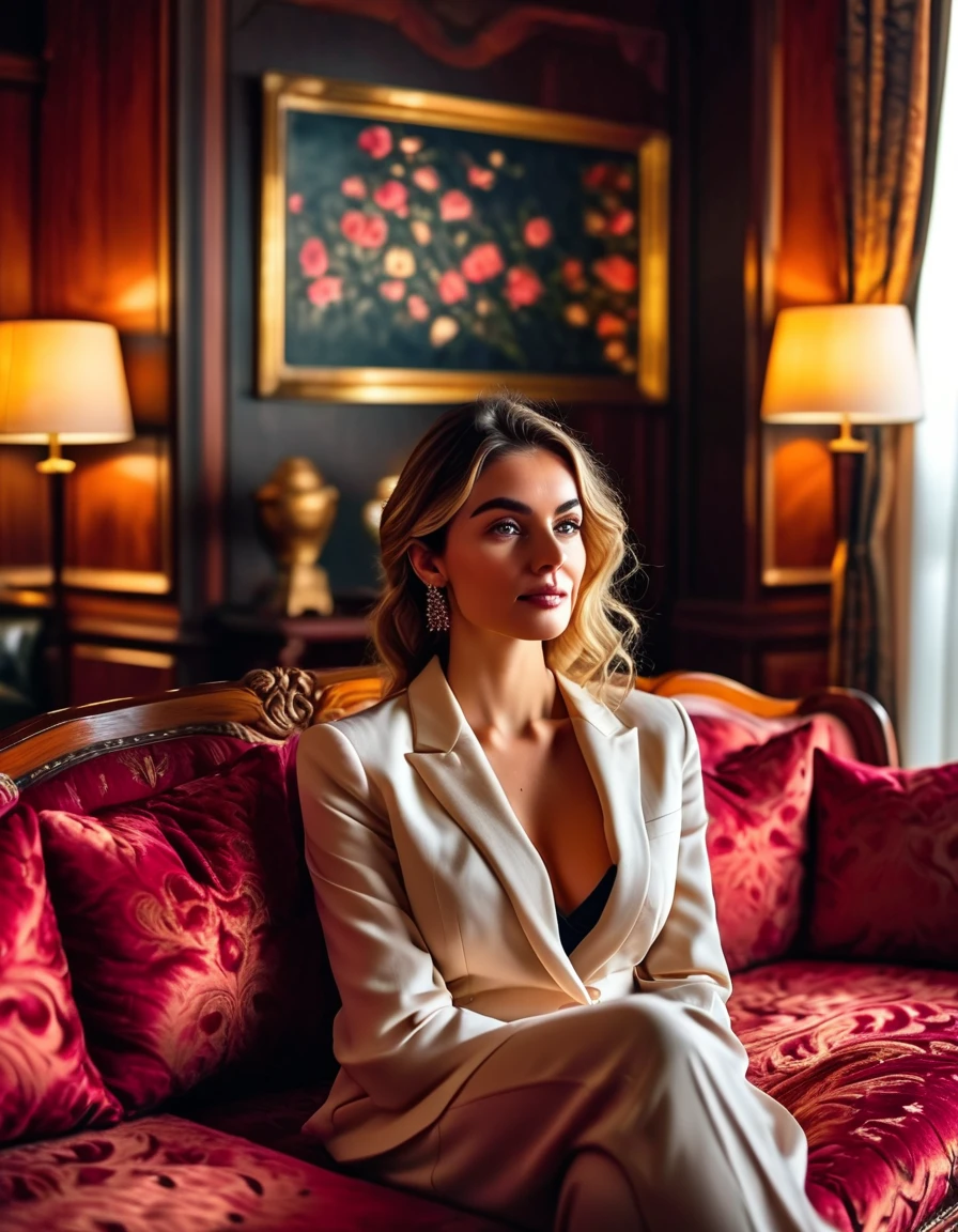 High quality, high resolution, a woman, intelligent, bright and beautiful, a psychologist, sitting on a sofa counseling, the room has the atmosphere of a suite in a luxury hotel.