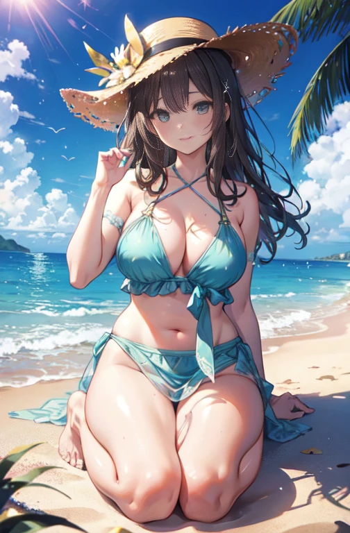 8k,Highest quality,masterpiece,1女の子 The seeds of a southern dream,The seeds of a southern dream sss Dynazenon ,Long Hair,Green ruby eyes,Big straw hat,Blue Bikini Swimsuit,A thin floral patterned cloth is wrapped around the waist like a skirt,barefoot,barefoot,ビーチのSandy Beachを散歩しながら,With eyes that reflect the shadow of the setting sun、Brown hair fluttering in the breeze,Sandy Beach,Seaside,Light of the sun,Palm tree (masterpiece:1.2), Highest quality, High resolution, unity 8k wallpaper, (shape:0.8), (Beautiful and detailed:1.6), Highly detailed face, Perfect lighting, Highly detailed CG, (Perfect hands, Perfect Anatomy), Ultra Dynamic Angle、Backlight,Shiny Hair,Glamorous Body,Realistic Flesh,Plump thighs、Stylish hairstyle,Curly hair,Stylish accessories,Very stylish swimsuit,See-through,