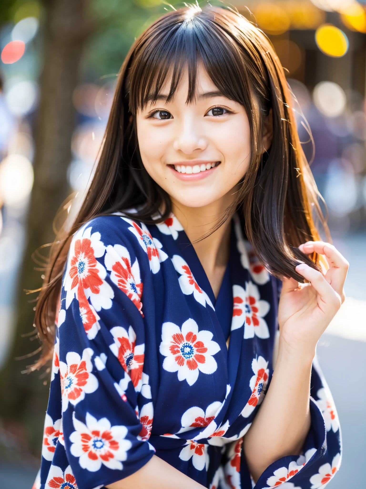 A very cute face like an idol、A young-looking 20-year-old woman、A kind smile、Wearing a Japan yukata