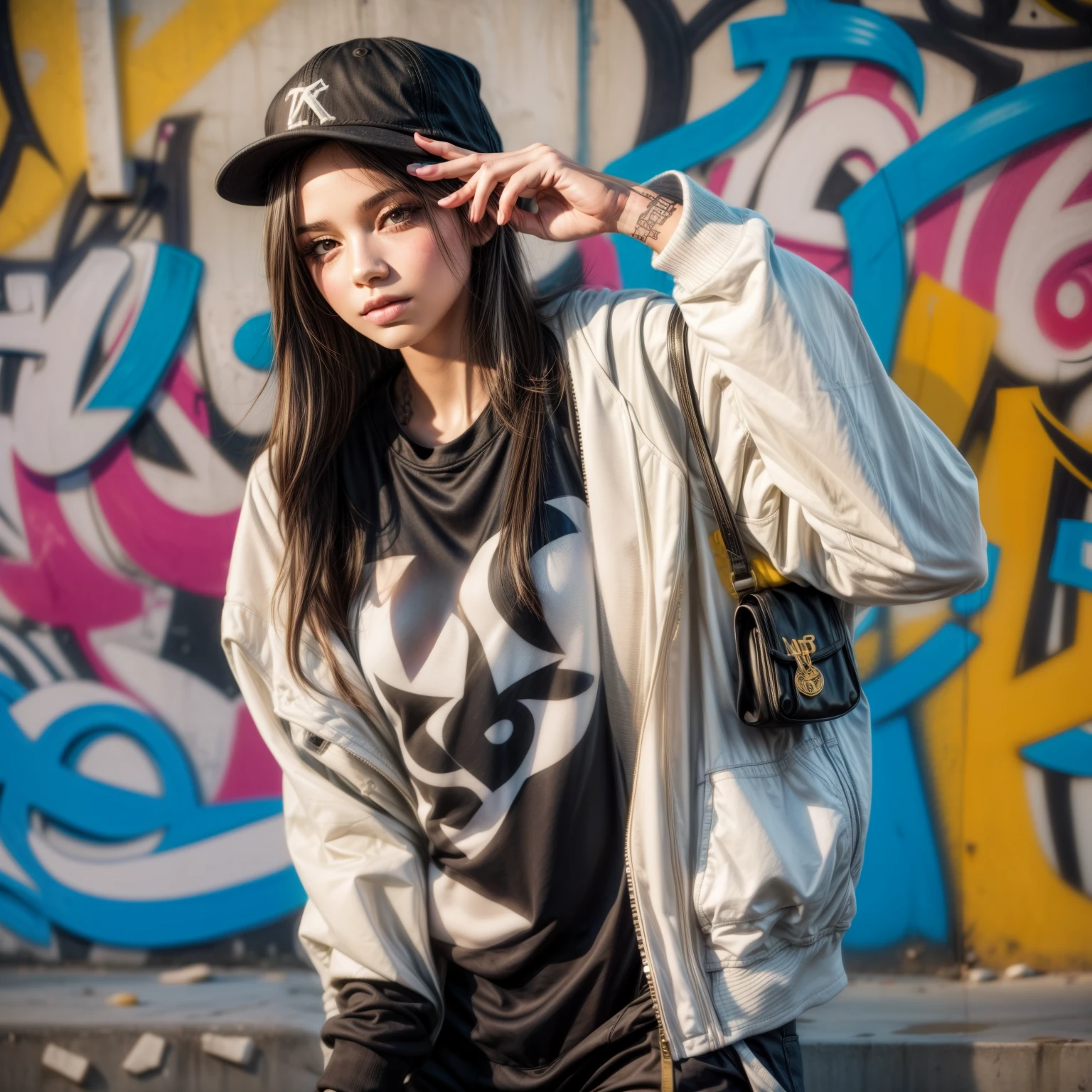 hip hop girl，background bokeh，leaning against graffiti wall，With a hat on，Hip-hop style，whimsical expression，shapely body，tattooed，8k wallpaper