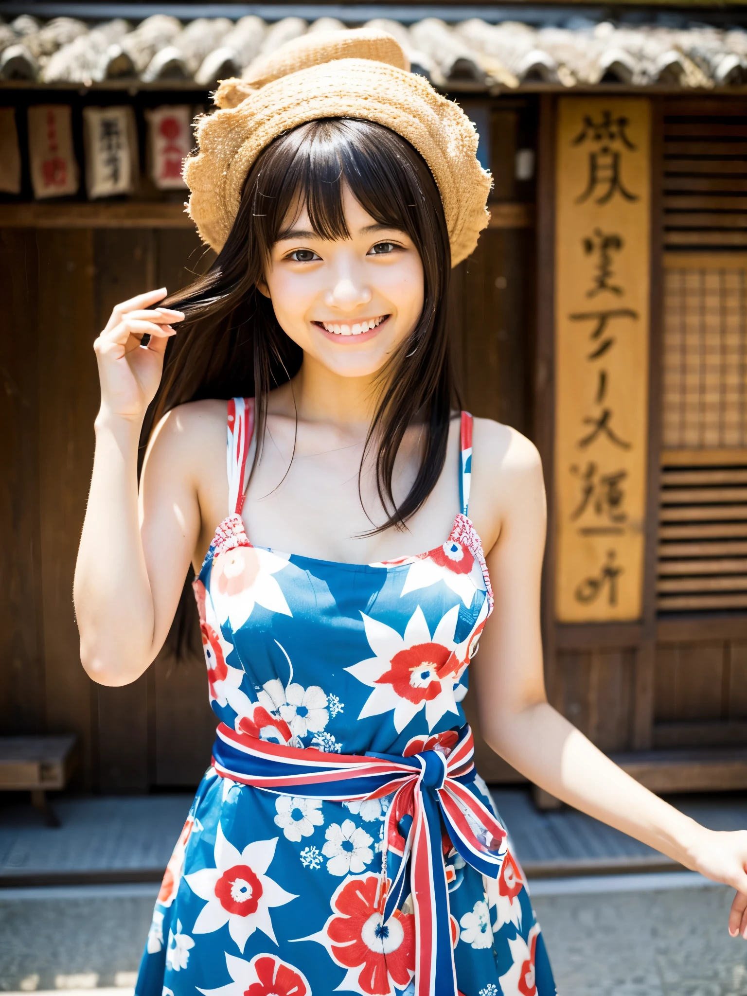 A very cute face like an idol、A young-looking 20-year-old woman、A kind smile、Wearing a Japan yukata、(Whole body)
